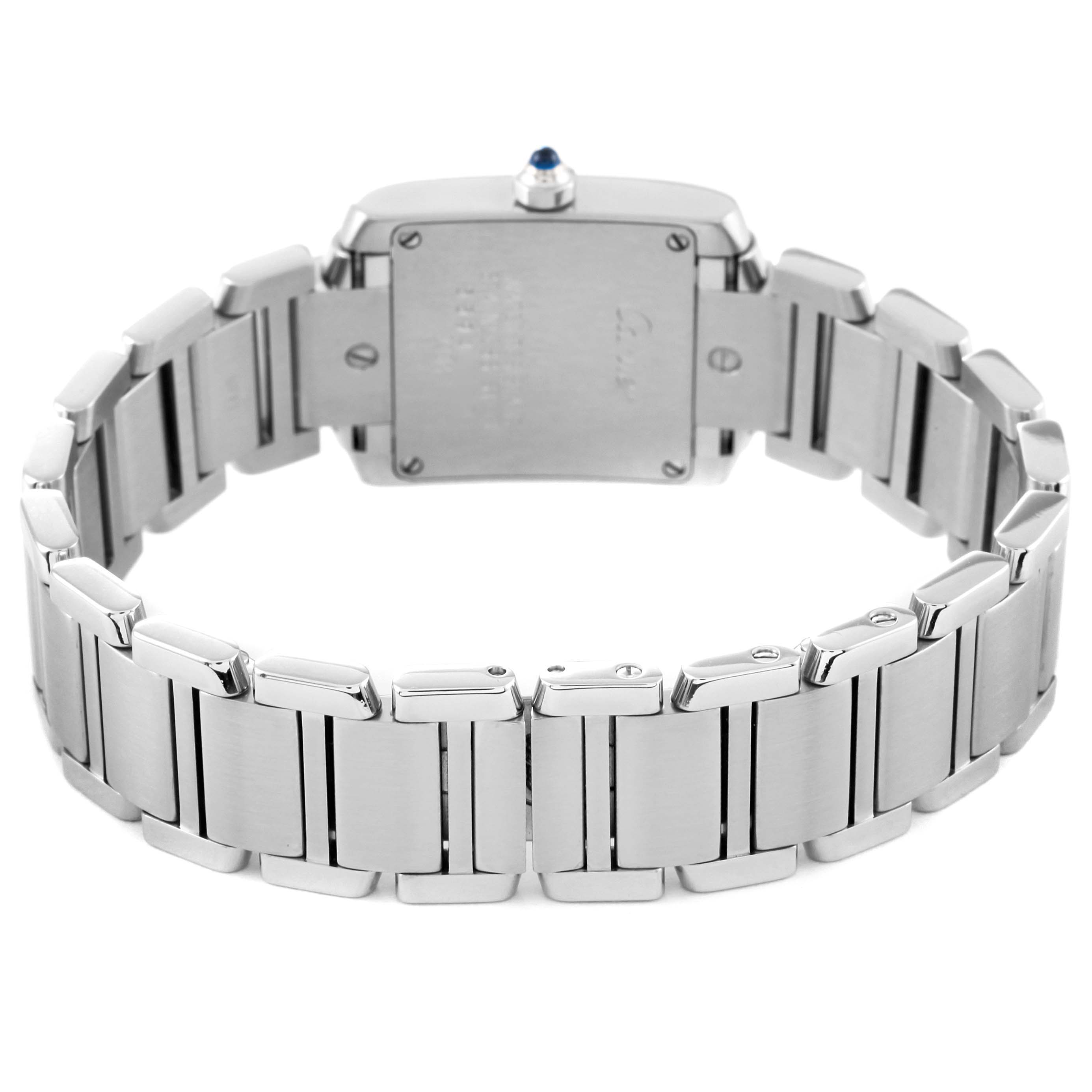 The image shows the back view of the Cartier Tank Francaise W51008Q3 Women's Stainless Steel Silver Dial W51008Q3 Women's Stainless Steel Silver Dial watch, highlighting the case back and stainless steel bracelet.