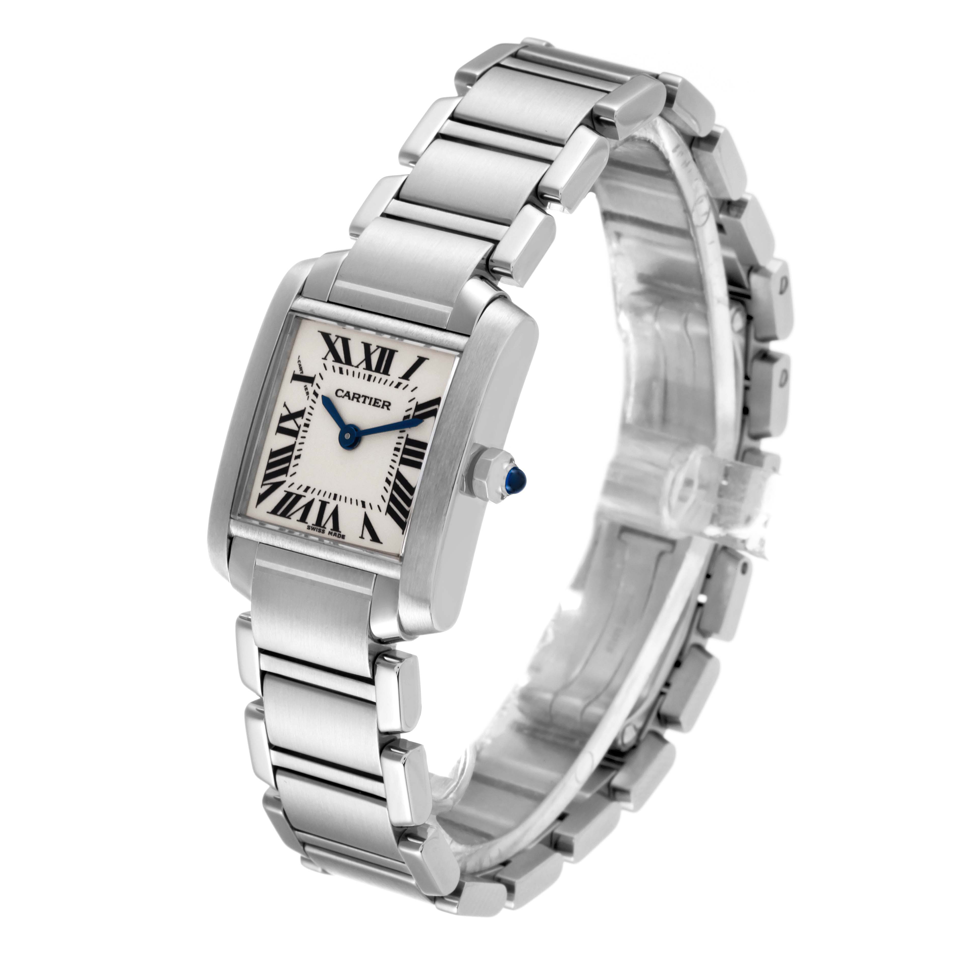 The image shows a Cartier Tank Francaise W51008Q3 Women's Stainless Steel Silver Dial W51008Q3 Women's Stainless Steel Silver Dial watch at a slight angle, displaying its face, bracelet, and crown with blue cabochon detail.