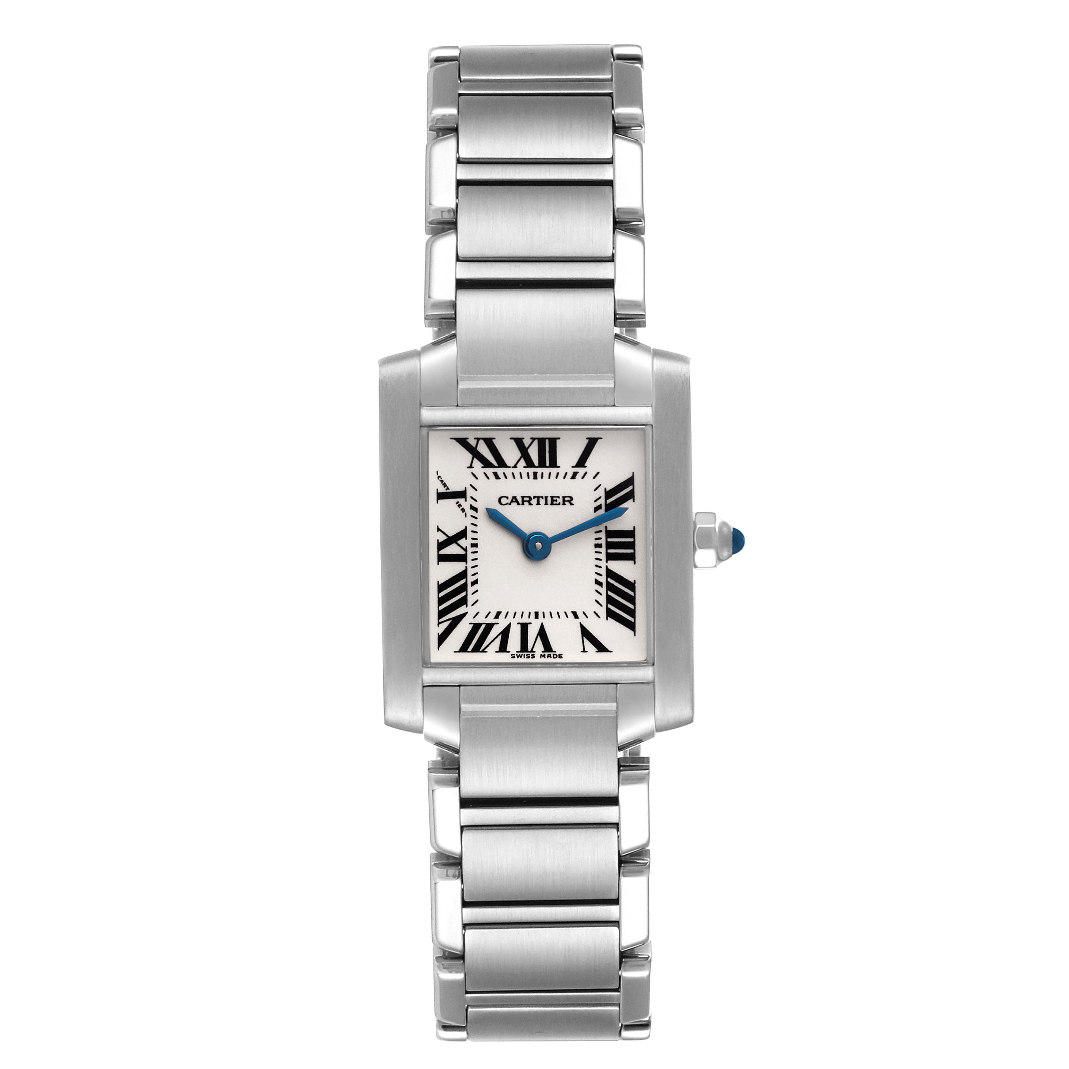 This is a top-front view of a Cartier Tank Francaise W51008Q3 Women's Stainless Steel Silver Dial W51008Q3 Women's Stainless Steel Silver Dial watch, showing its face, bezel, and metal bracelet.