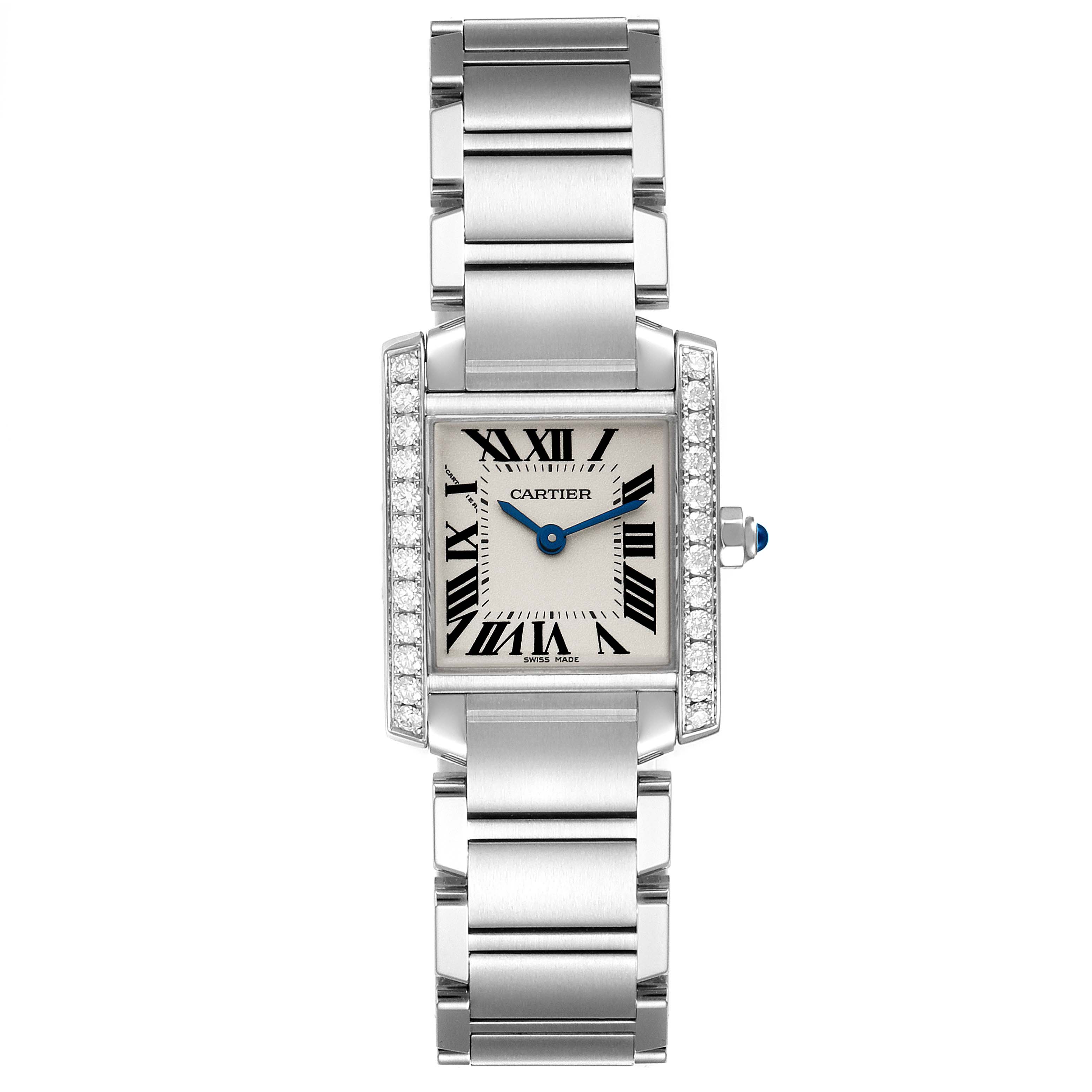 The image shows a frontal view of the Cartier Tank Francaise W4TA0008 Women's Stainless Steel Silver Dial W4TA0008 Women's Stainless Steel Silver Dial watch, highlighting its square face, Roman numerals, and metal bracelet.