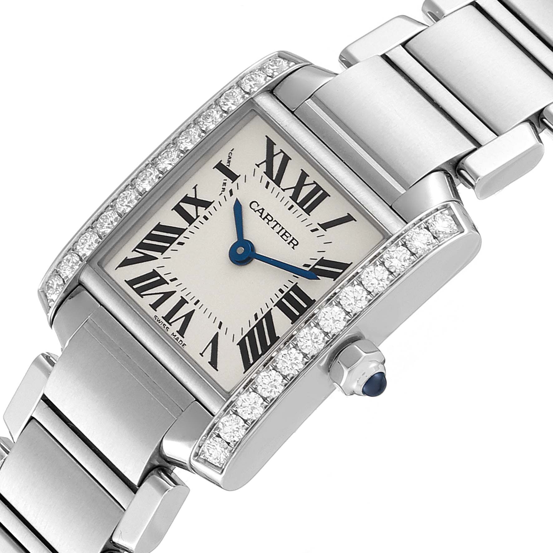 The image shows a close-up angle of the Cartier Tank Francaise W4TA0008 Women's Stainless Steel Silver Dial W4TA0008 Women's Stainless Steel Silver Dial watch face and bracelet, highlighting its rectangular dial and diamond-set bezel.