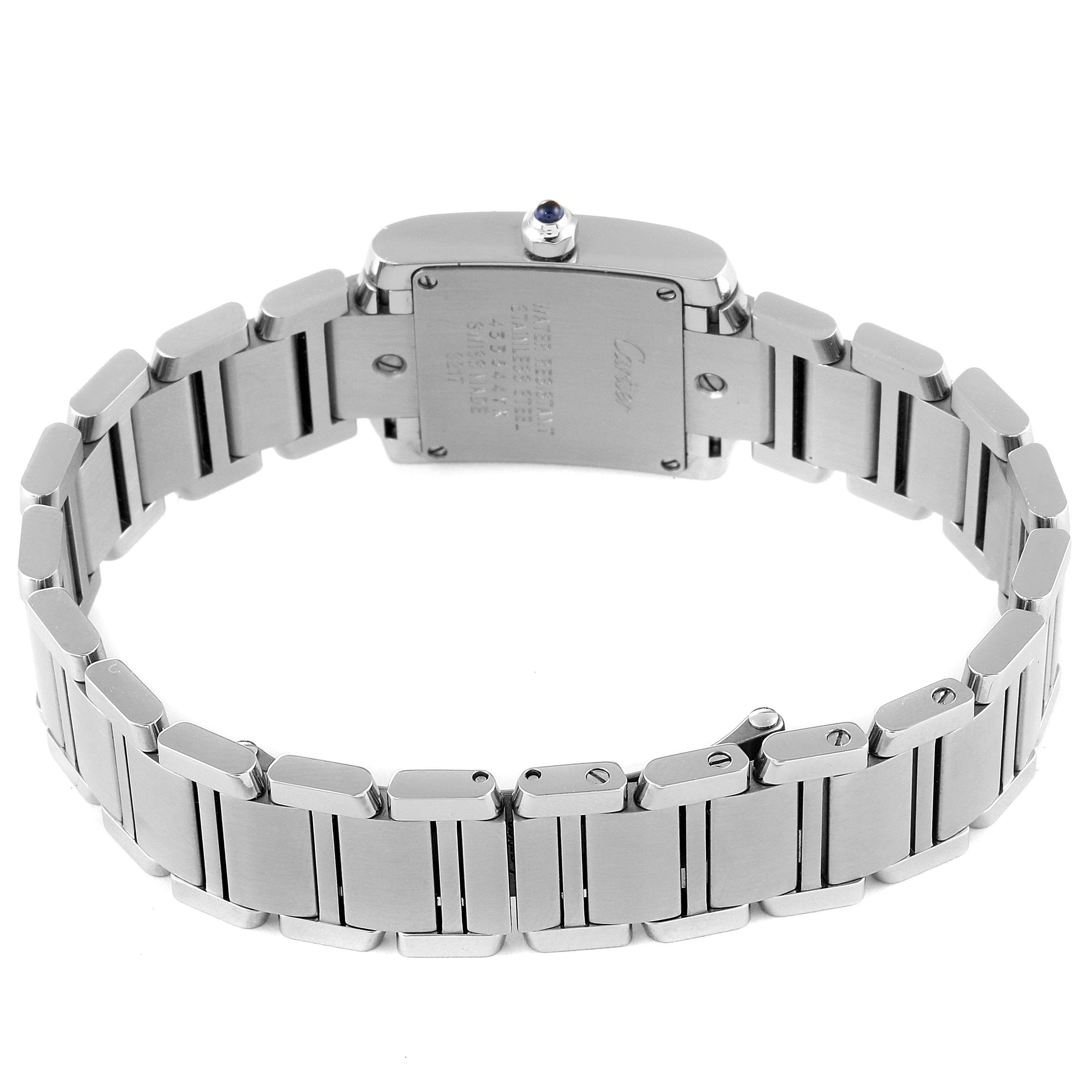 The Cartier Tank Francaise W4TA0008 Women's Stainless Steel Silver Dial W4TA0008 Women's Stainless Steel Silver Dial watch is shown from the rear, highlighting its stainless steel bracelet and case back.