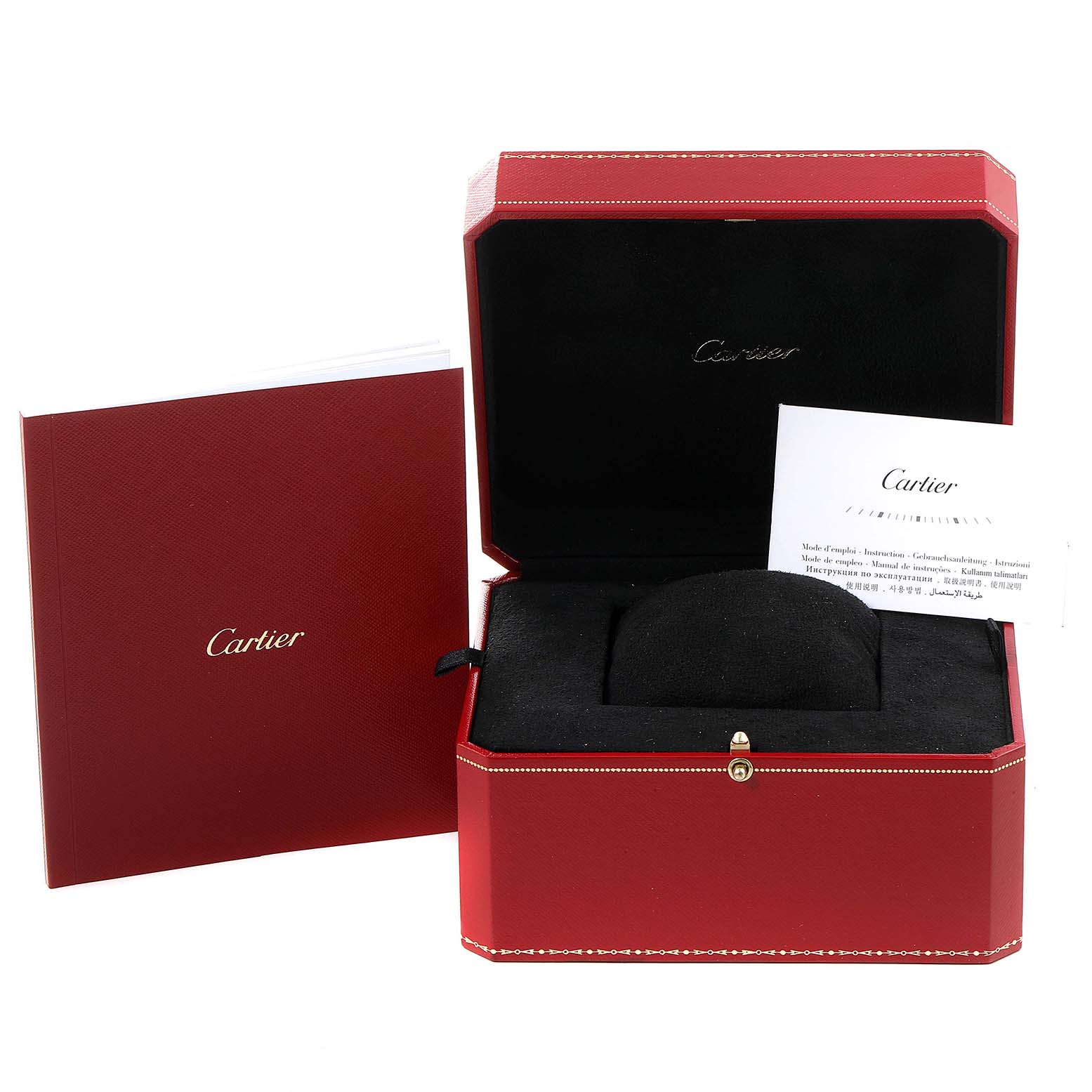 The image shows the Cartier Tank Française watch box along with a manual and a certificate, all presented in a red color scheme.