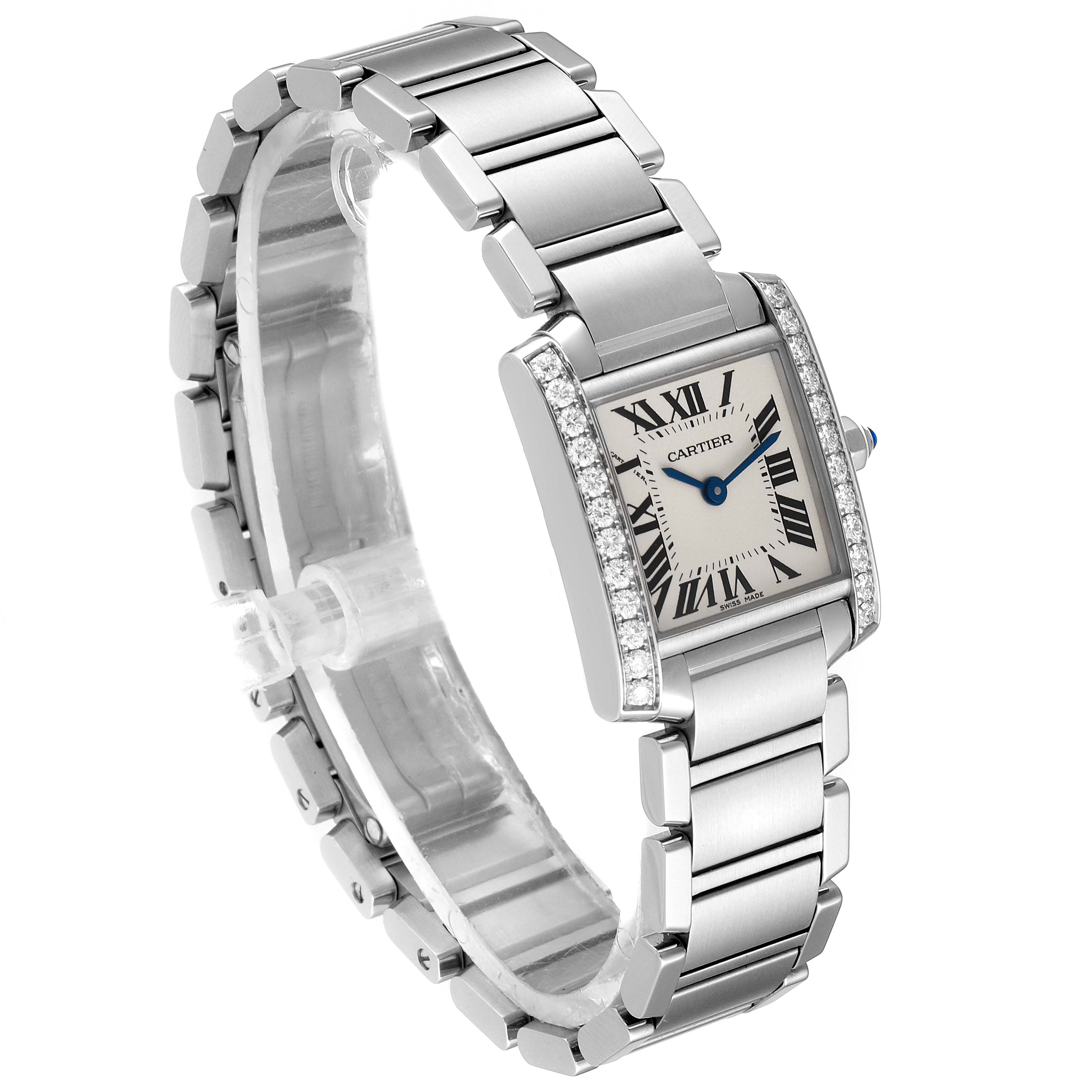 This image shows a Tank Francaise model by Cartier at an angle highlighting the watch face and stainless steel bracelet.