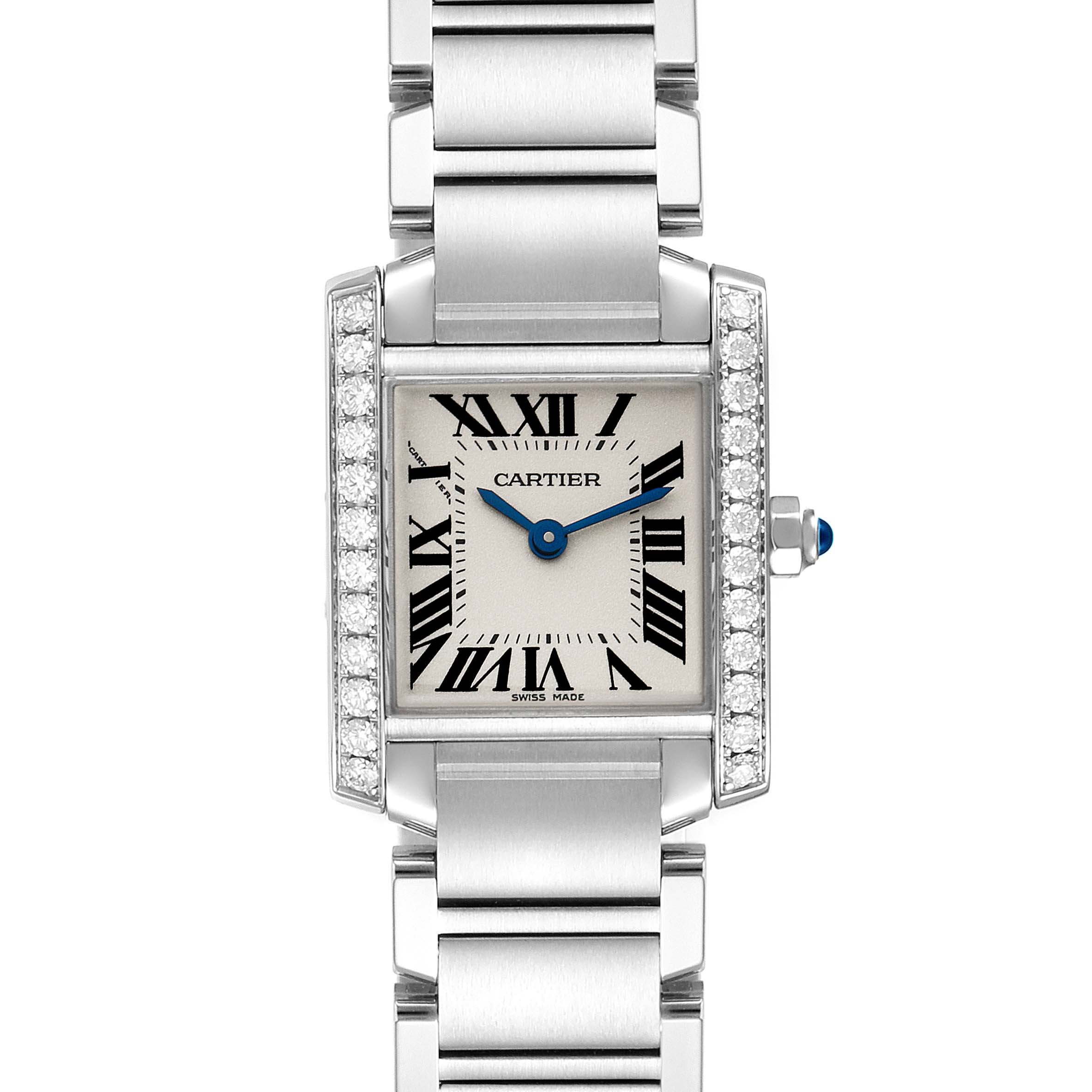 The image shows a frontal view of the Cartier Tank Française watch, highlighting its square face, Roman numeral markers, blue hands, and metallic bracelet.