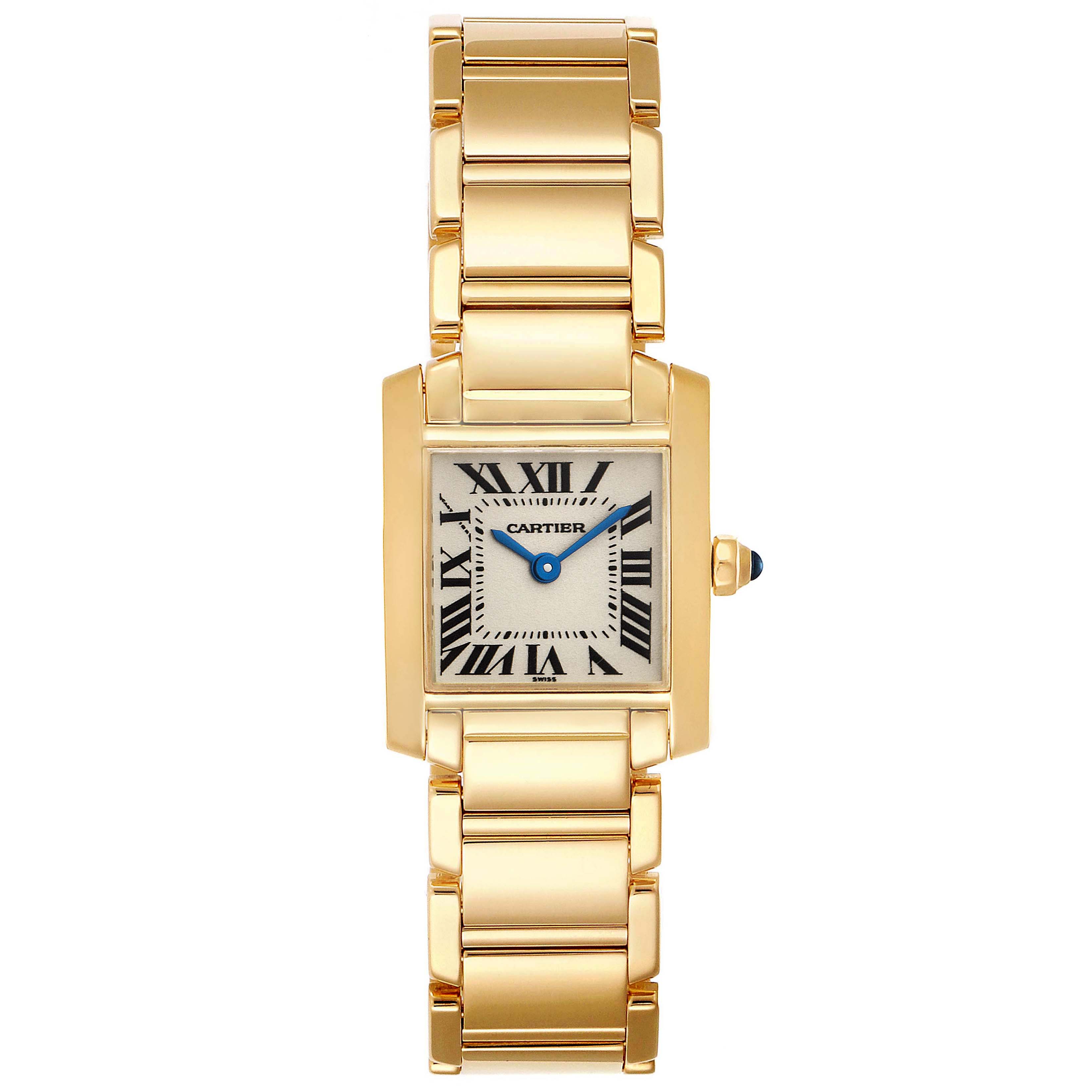 The image shows a top view of the Cartier Tank Française watch, highlighting its gold bracelet and rectangular face.