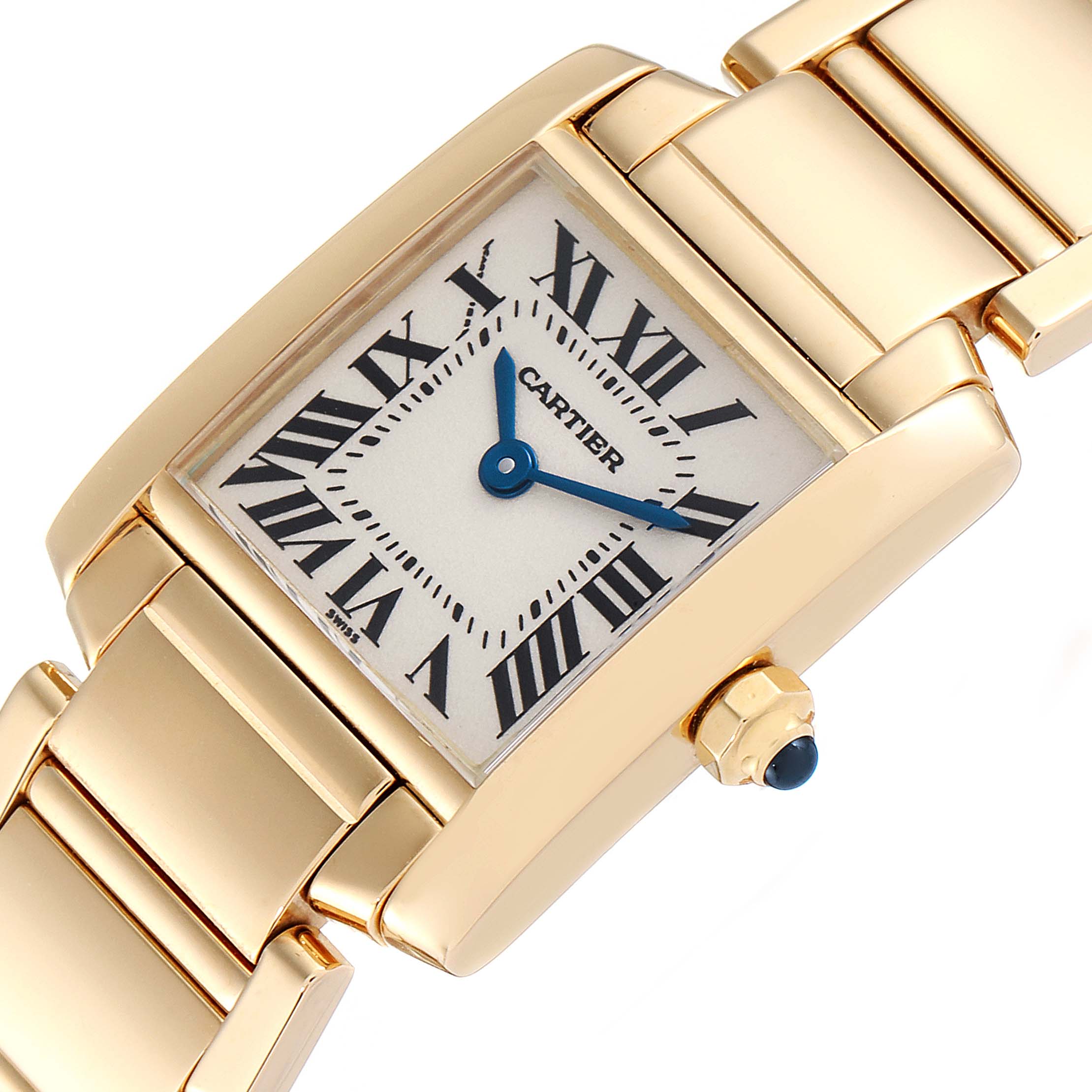 The image shows a close-up view of a Cartier Tank Francaise W50002N2 Women
s Yellow Gold Silver Dial W50002N2 Women
s Yellow Gold Silver Dial watch, highlighting the dial, bezel, and bracelet.