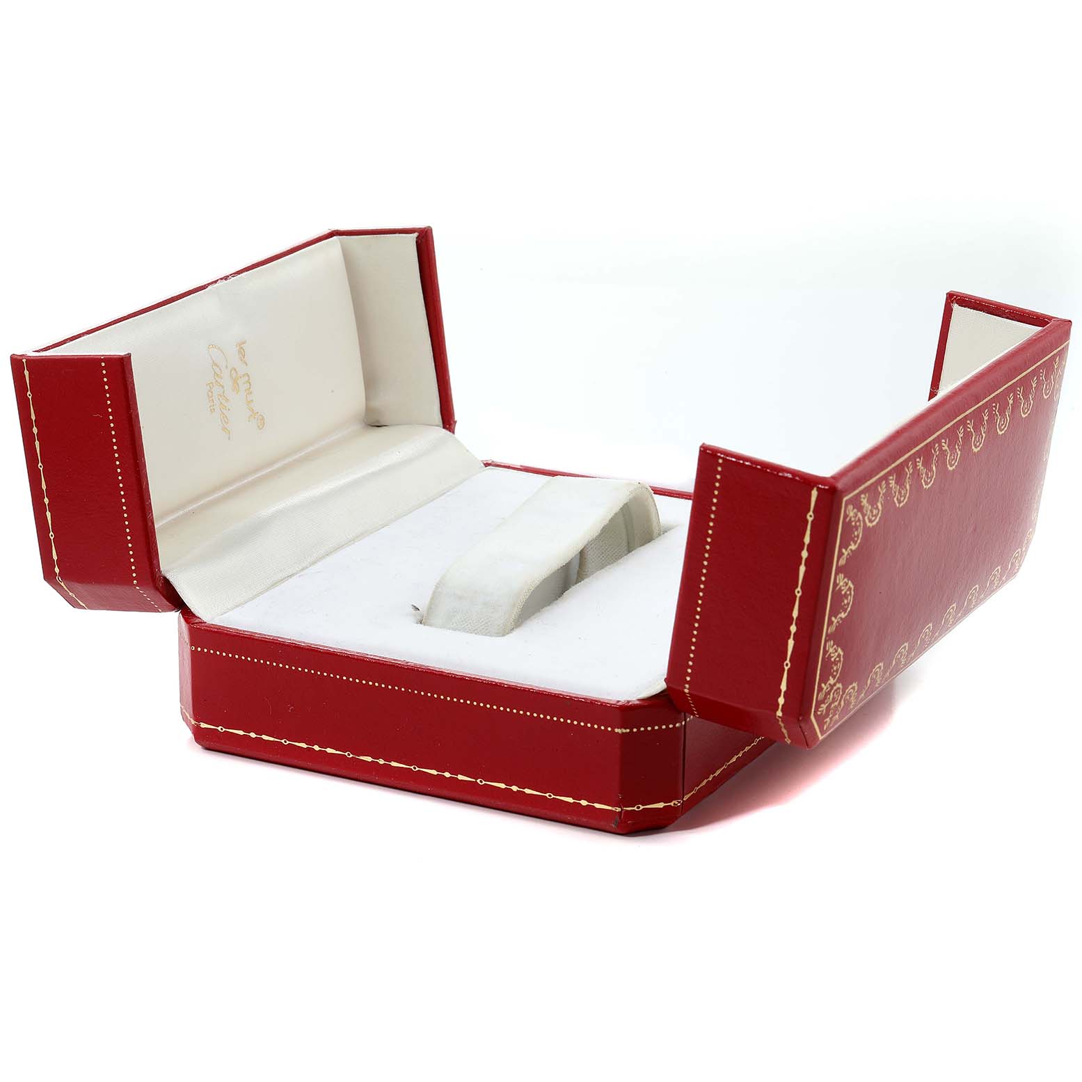 The image shows an open red Cartier watch box for the Tank Francaise model, displaying the interior padding and logo.