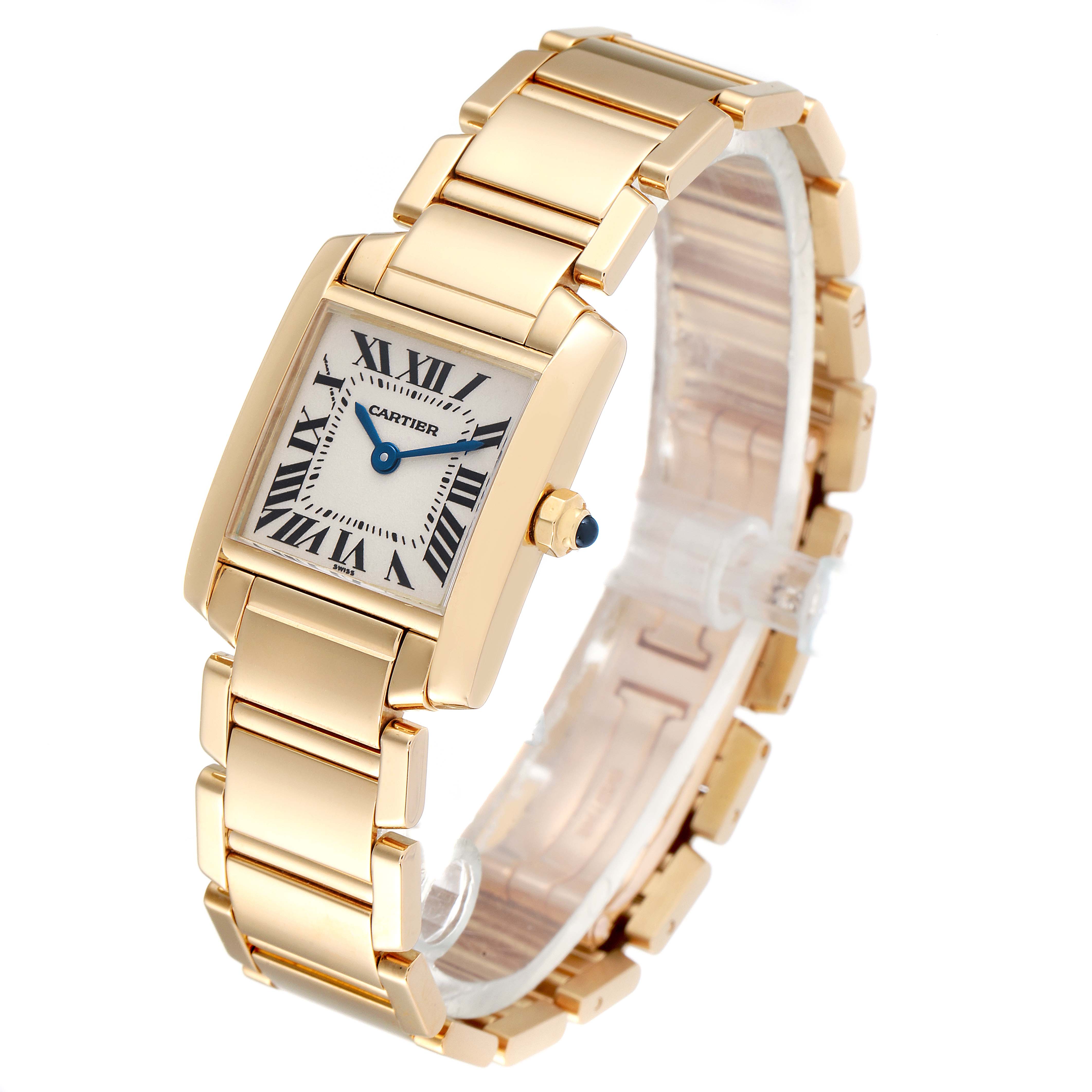 The image shows an angled view of the Cartier Tank Francaise W50002N2 Women
s Yellow Gold Silver Dial W50002N2 Women
s Yellow Gold Silver Dial watch, highlighting the dial, bracelet, and crown.