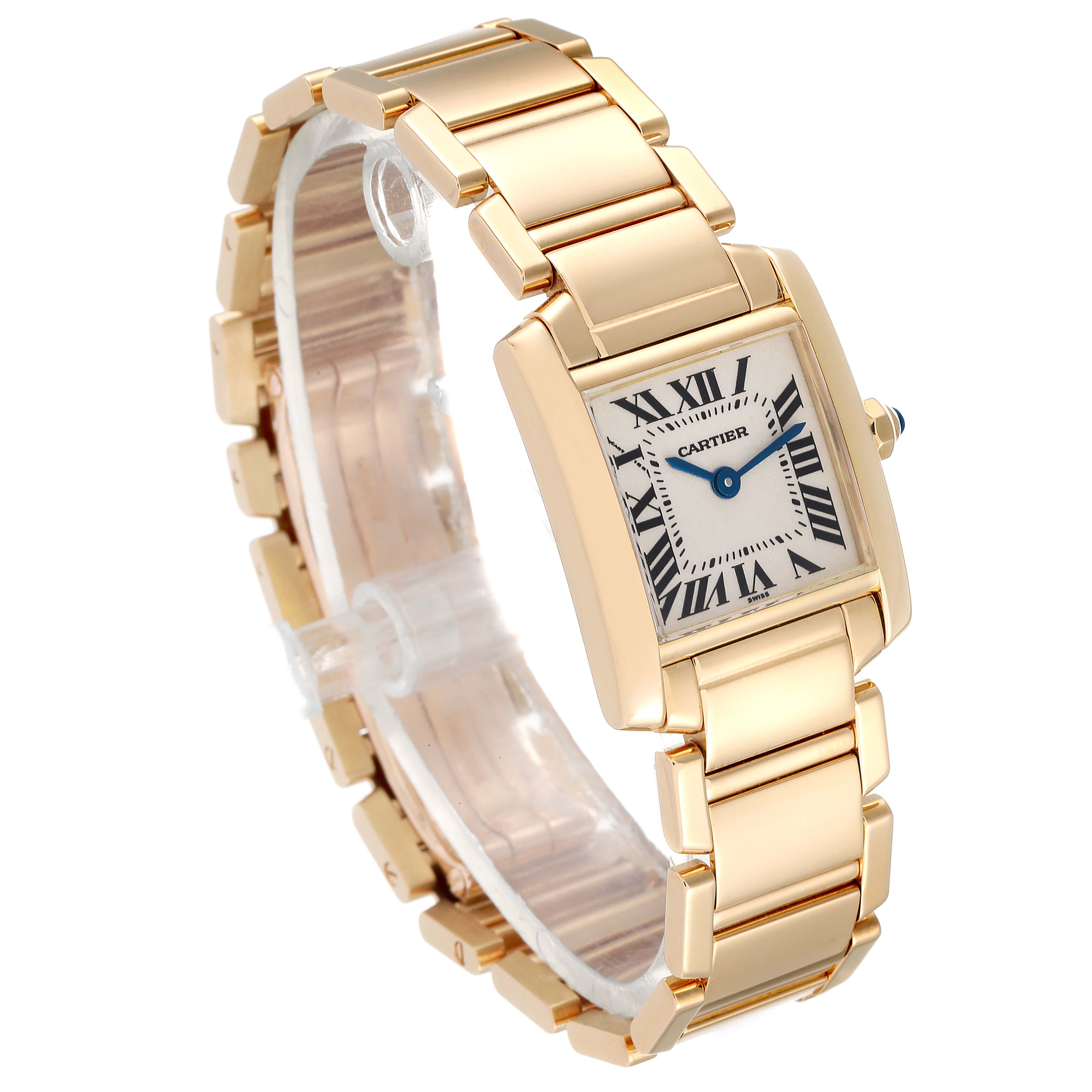 This image shows a Cartier Tank Francaise W50002N2 Women
s Yellow Gold Silver Dial W50002N2 Women
s Yellow Gold Silver Dial watch from a three-quarter angle, featuring its rectangular face and metal bracelet.