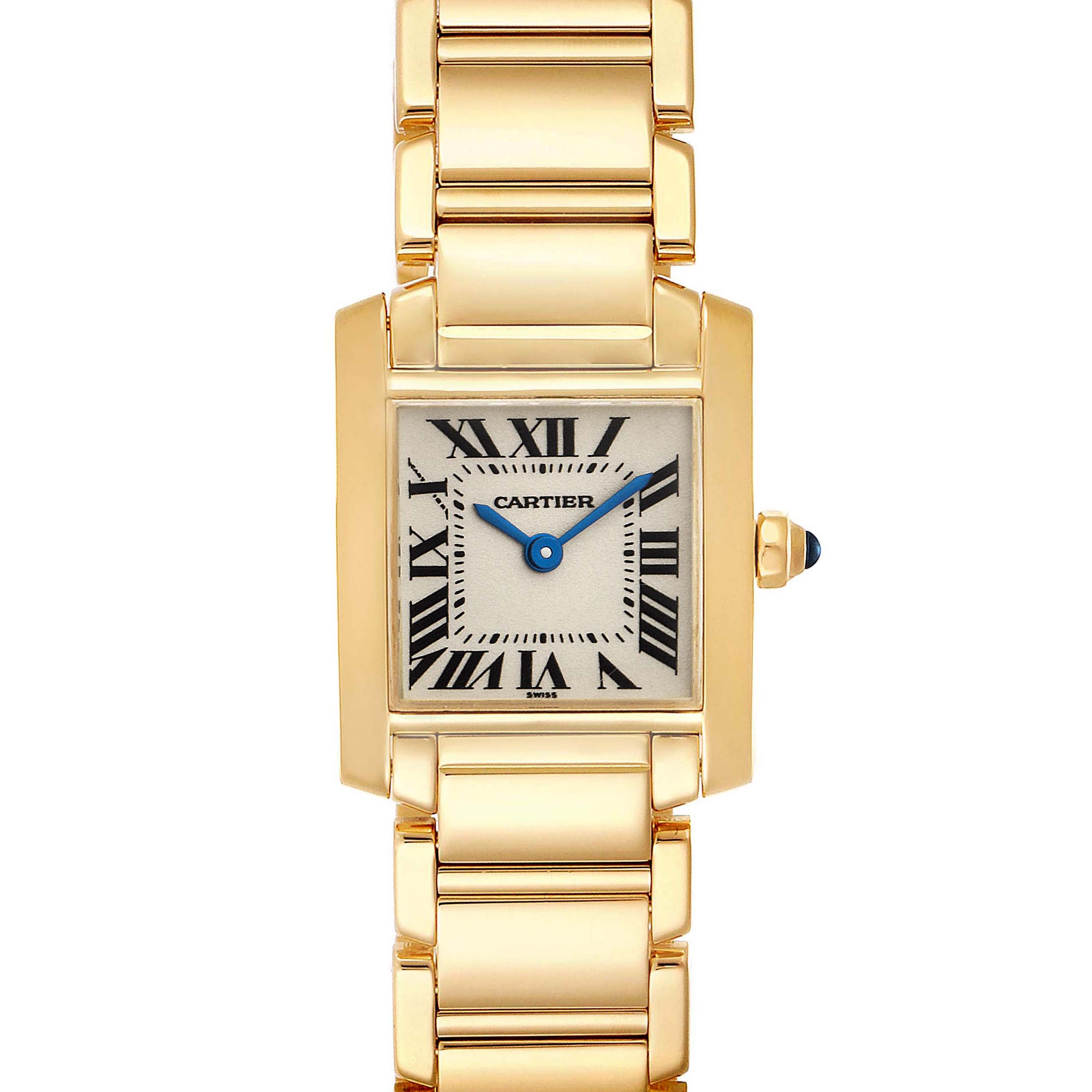 The image shows a front view of the Cartier Tank Francaise W50002N2 Women
s Yellow Gold Silver Dial W50002N2 Women
s Yellow Gold Silver Dial watch, highlighting its rectangular face, gold bracelet, and Roman numerals.