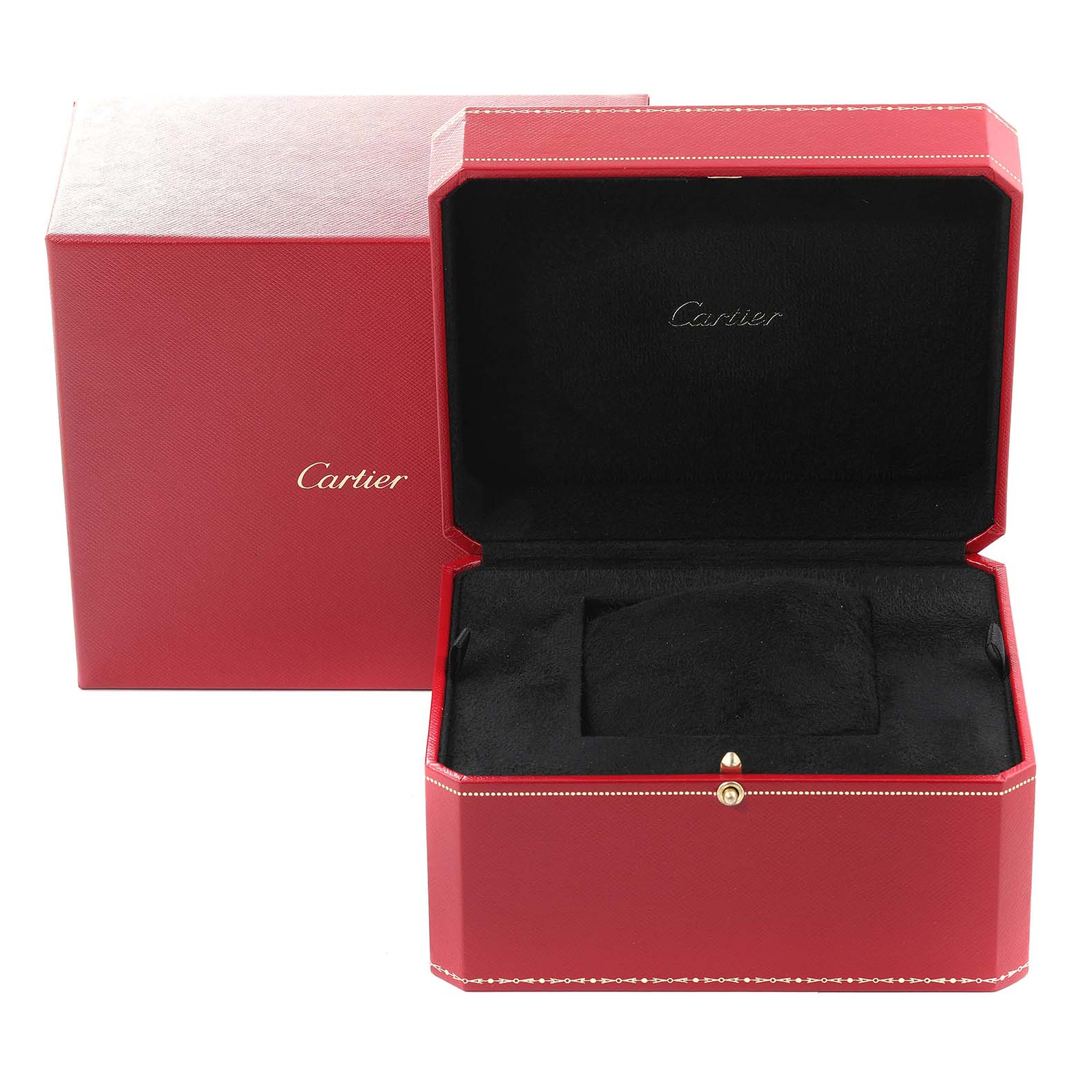 This image shows the open red Cartier box for the Tank Francaise watch, revealing its black velvety interior.