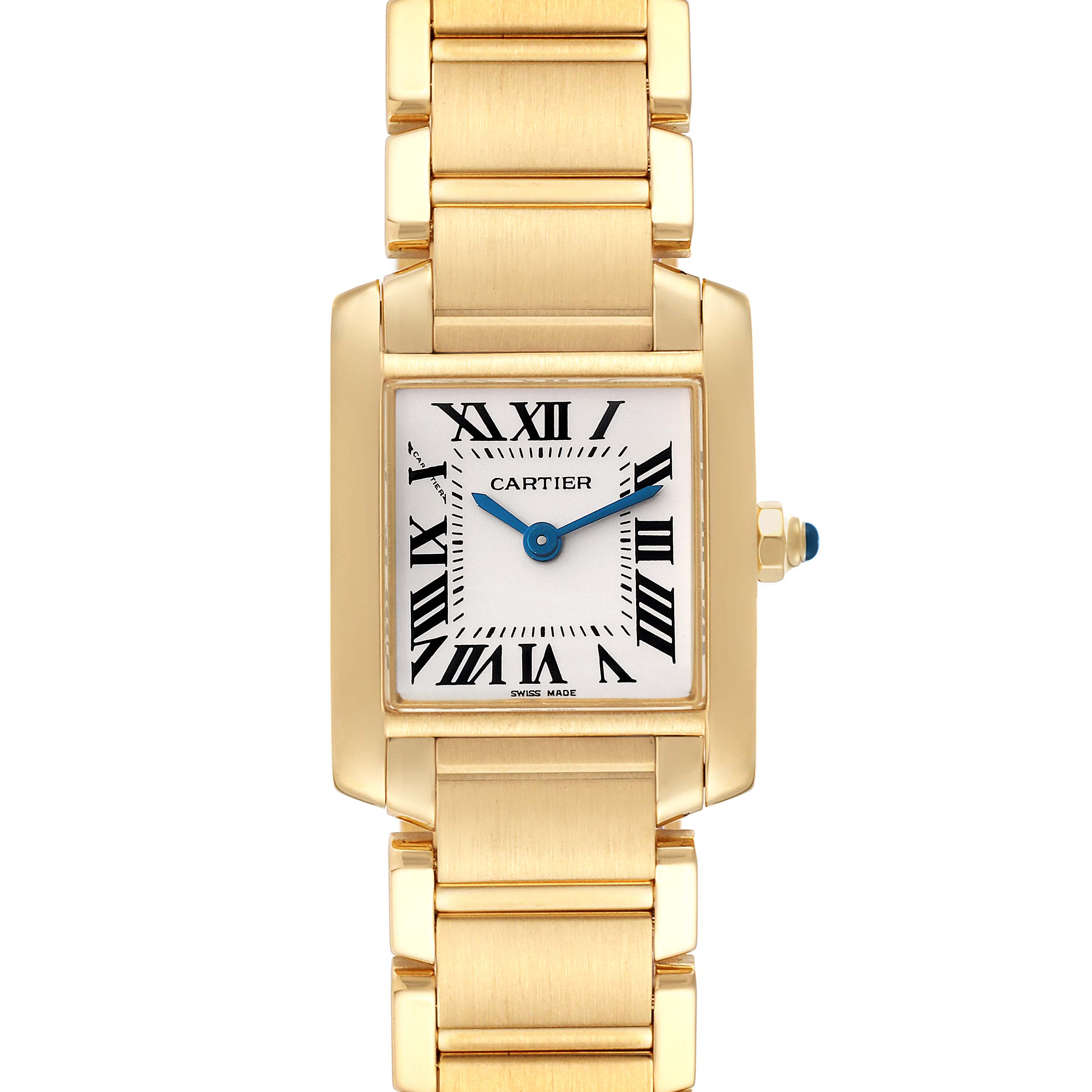 This image shows a Cartier Tank Francaise W50002N2 Women's Yellow Gold Silver Dial W50002N2 Women's Yellow Gold Silver Dial watch in a front-facing view, highlighting the face, bracelet, and crown.