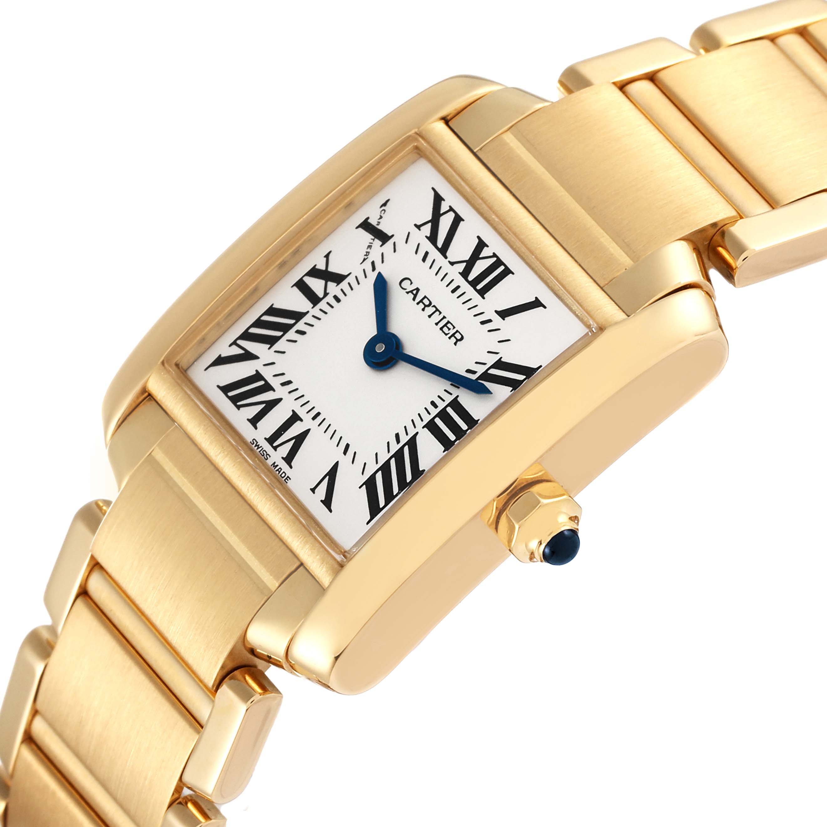This image shows a close-up angled view of the Cartier Tank Française watch, highlighting its gold bracelet, face, and blue hands.