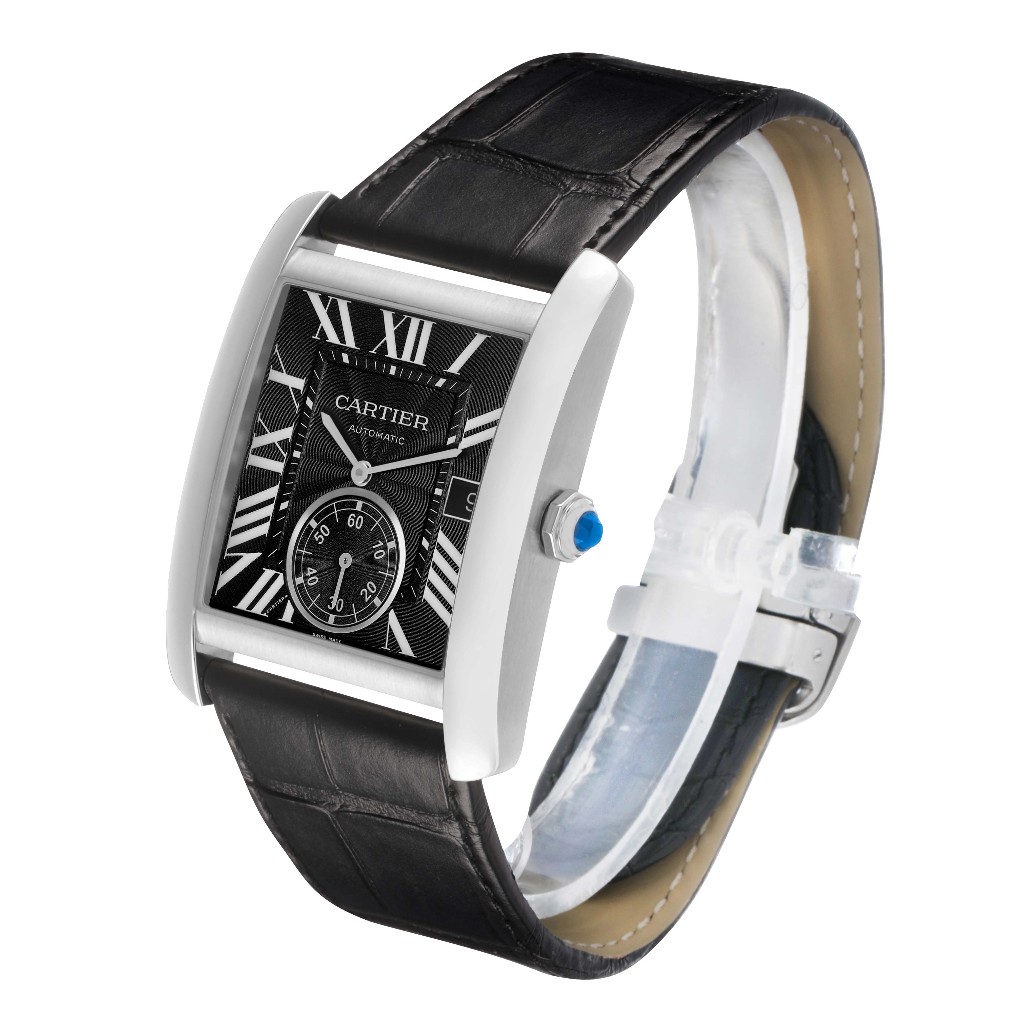 The Cartier Tank MC W5330004 Men's Stainless Steel Black Dial watch is shown at a three-quarter angle, highlighting its rectangular dial, Roman numerals, leather strap, and crown.