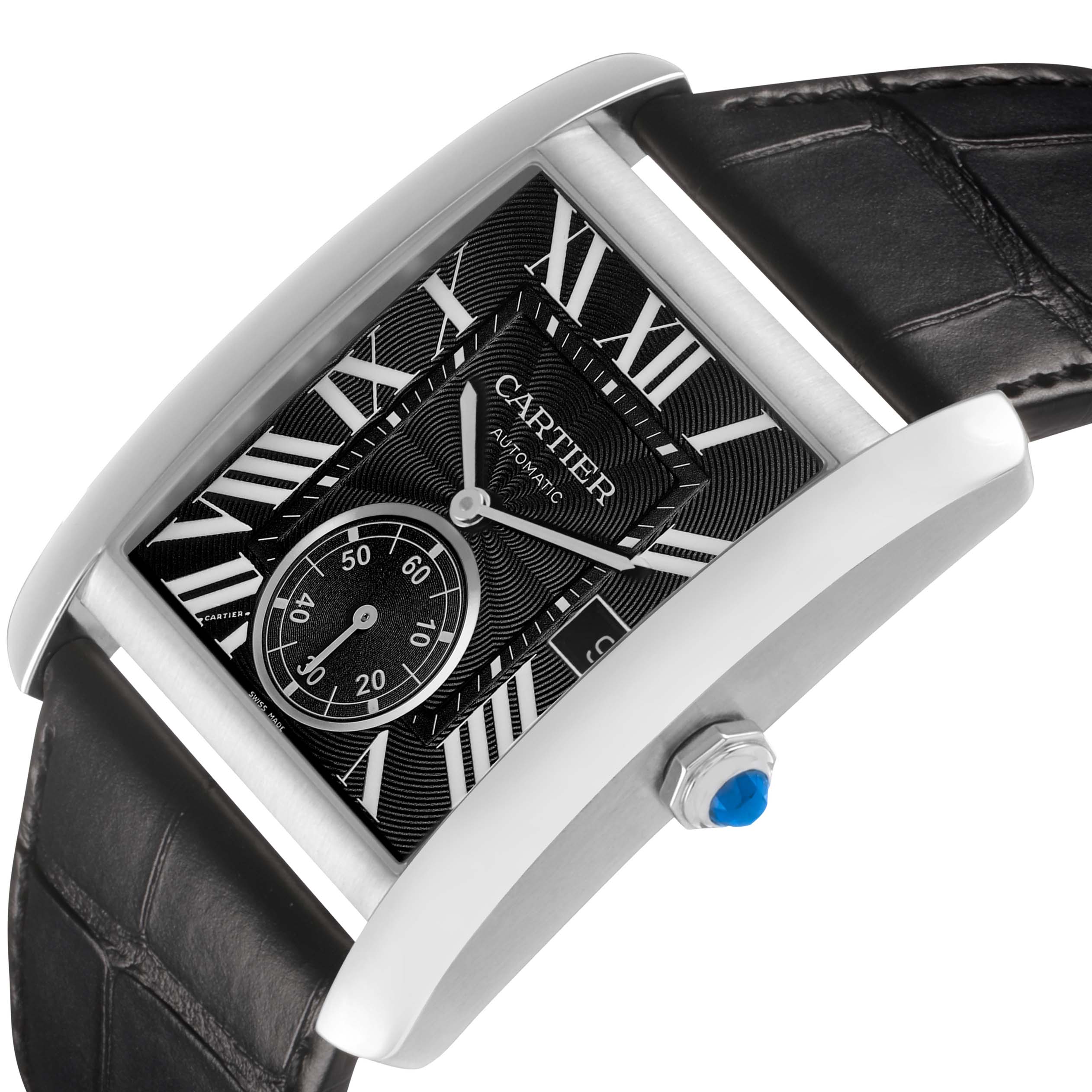 The Cartier Tank MC W5330004 Men's Stainless Steel Black Dial watch is shown at an angled view, displaying the stainless steel case, black leather strap, and dial details.