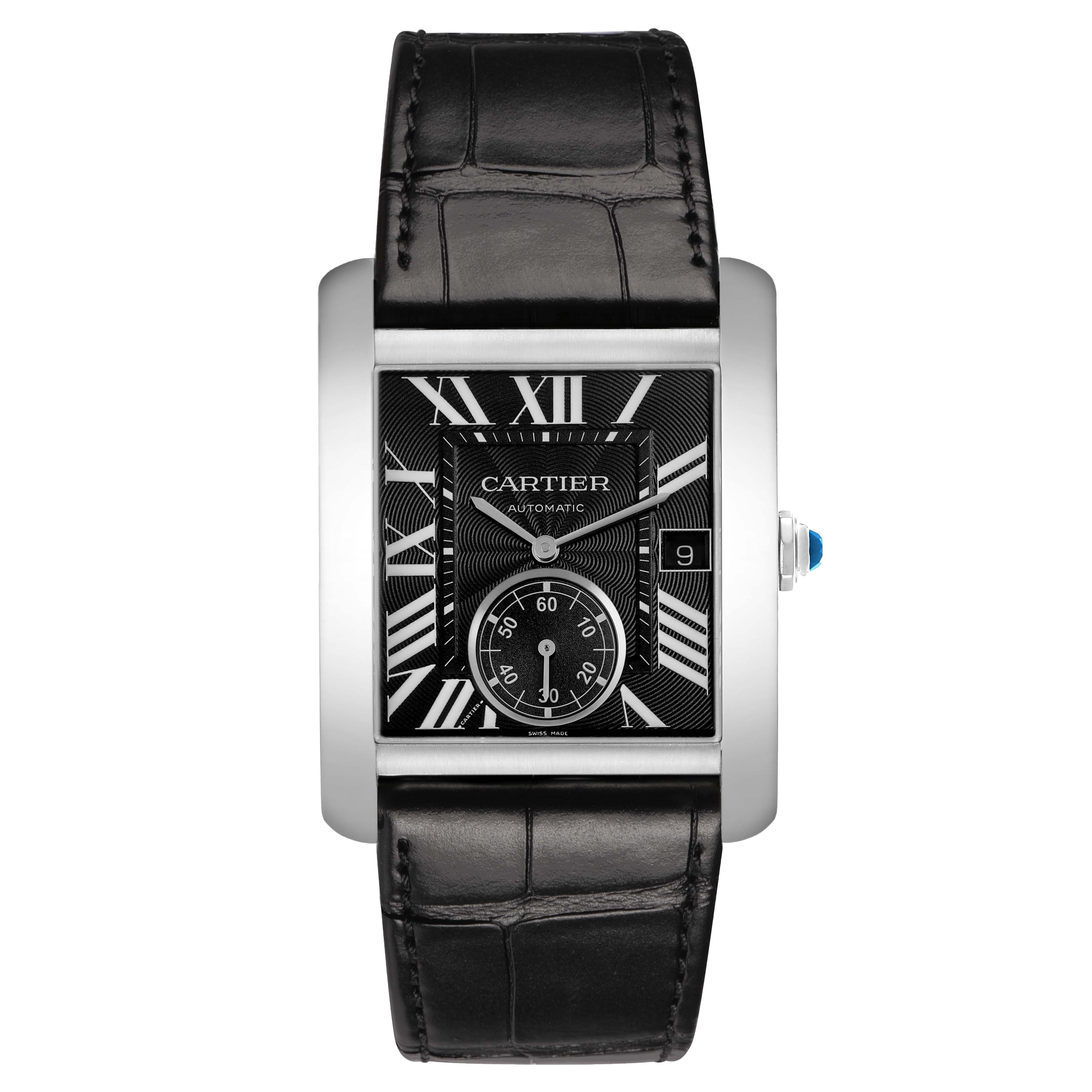 The Cartier Tank MC W5330004 Men's Stainless Steel Black Dial watch is shown from a top-down angle, highlighting the face, bezel, and black leather strap.