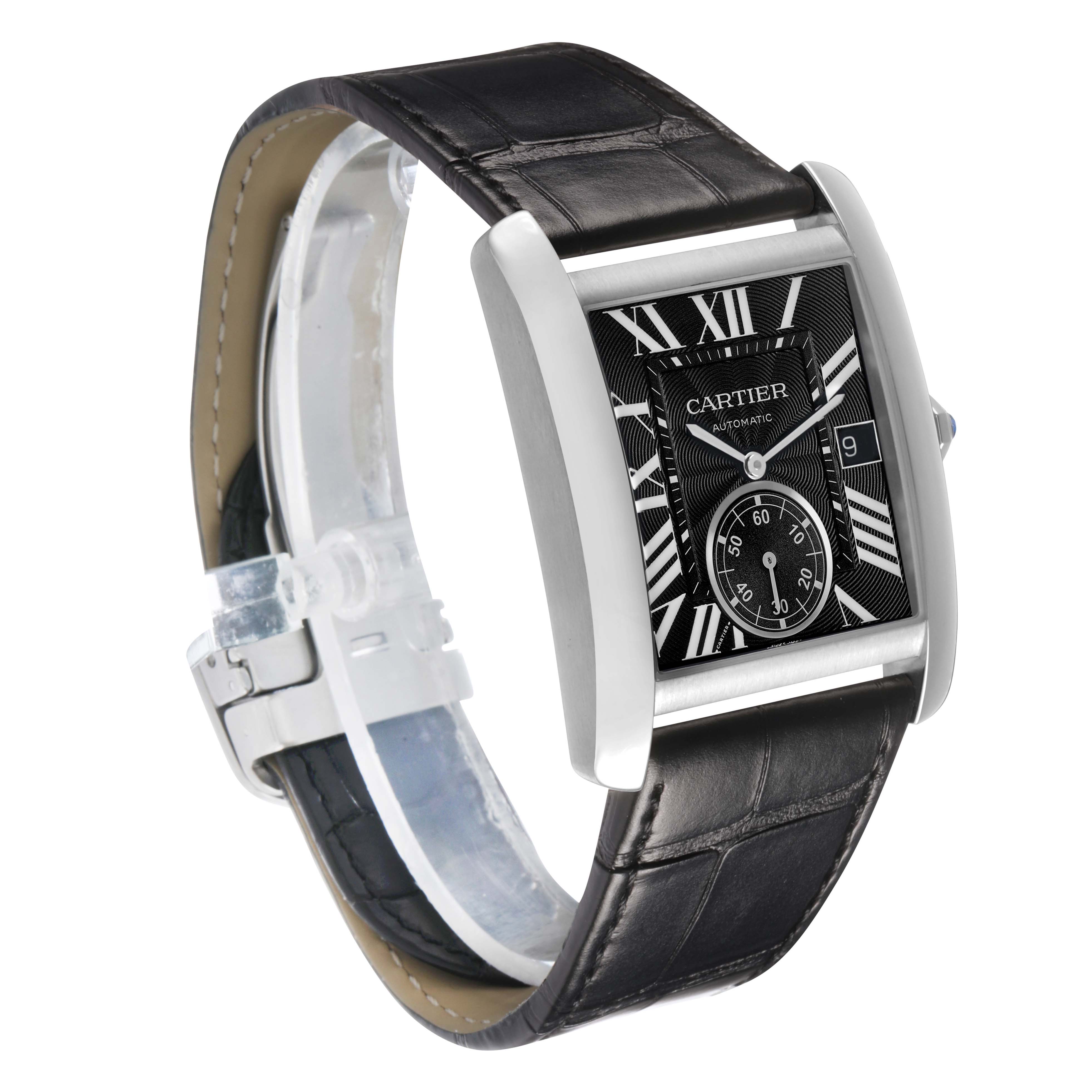 The Cartier Tank MC W5330004 Men's Stainless Steel Black Dial watch is shown at an angle highlighting the face, Roman numerals, sub-dial, date window, and black leather strap.