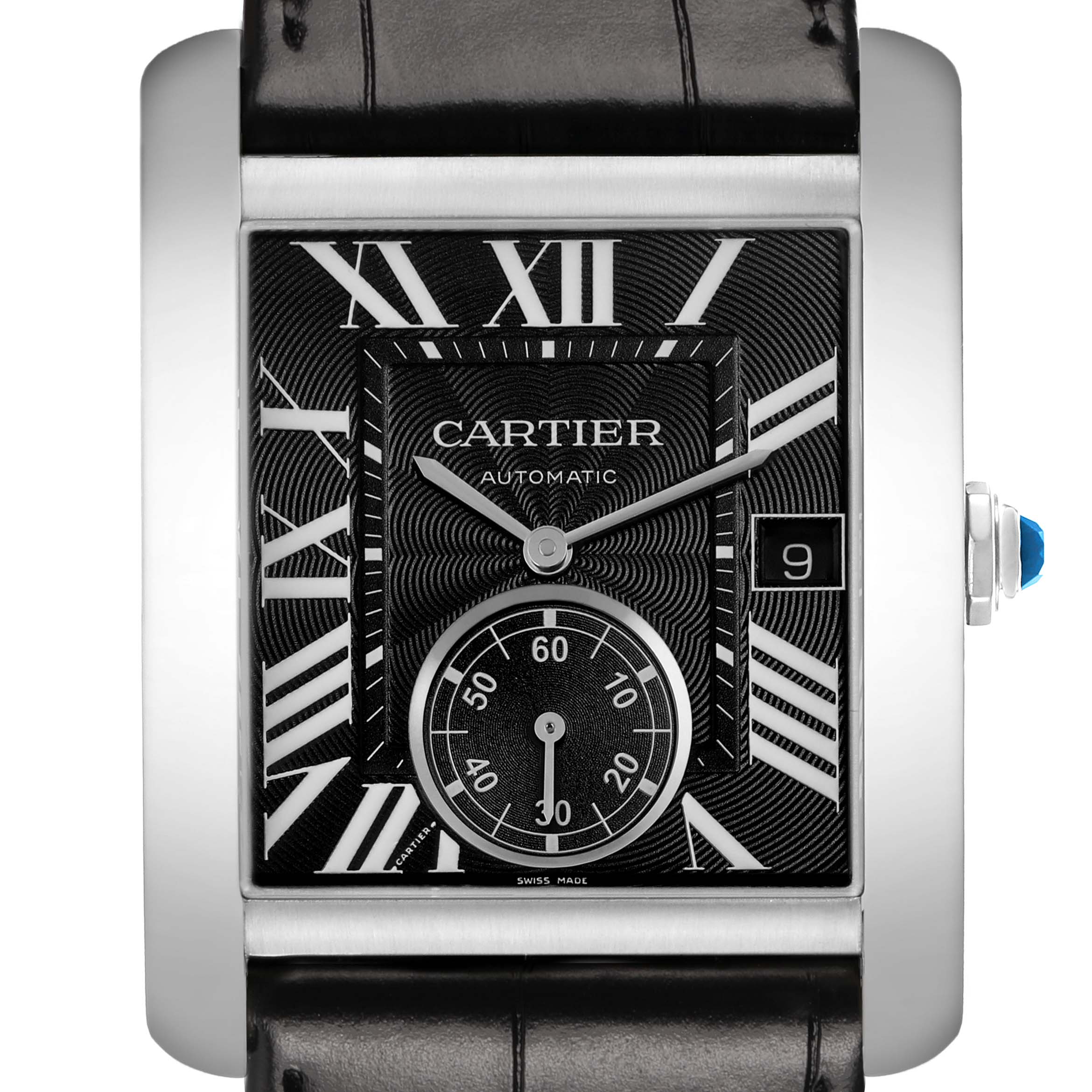 The Cartier Tank MC W5330004 Men's Stainless Steel Black Dial watch is shown from the front, displaying the dial, hands, crown, and part of the strap.