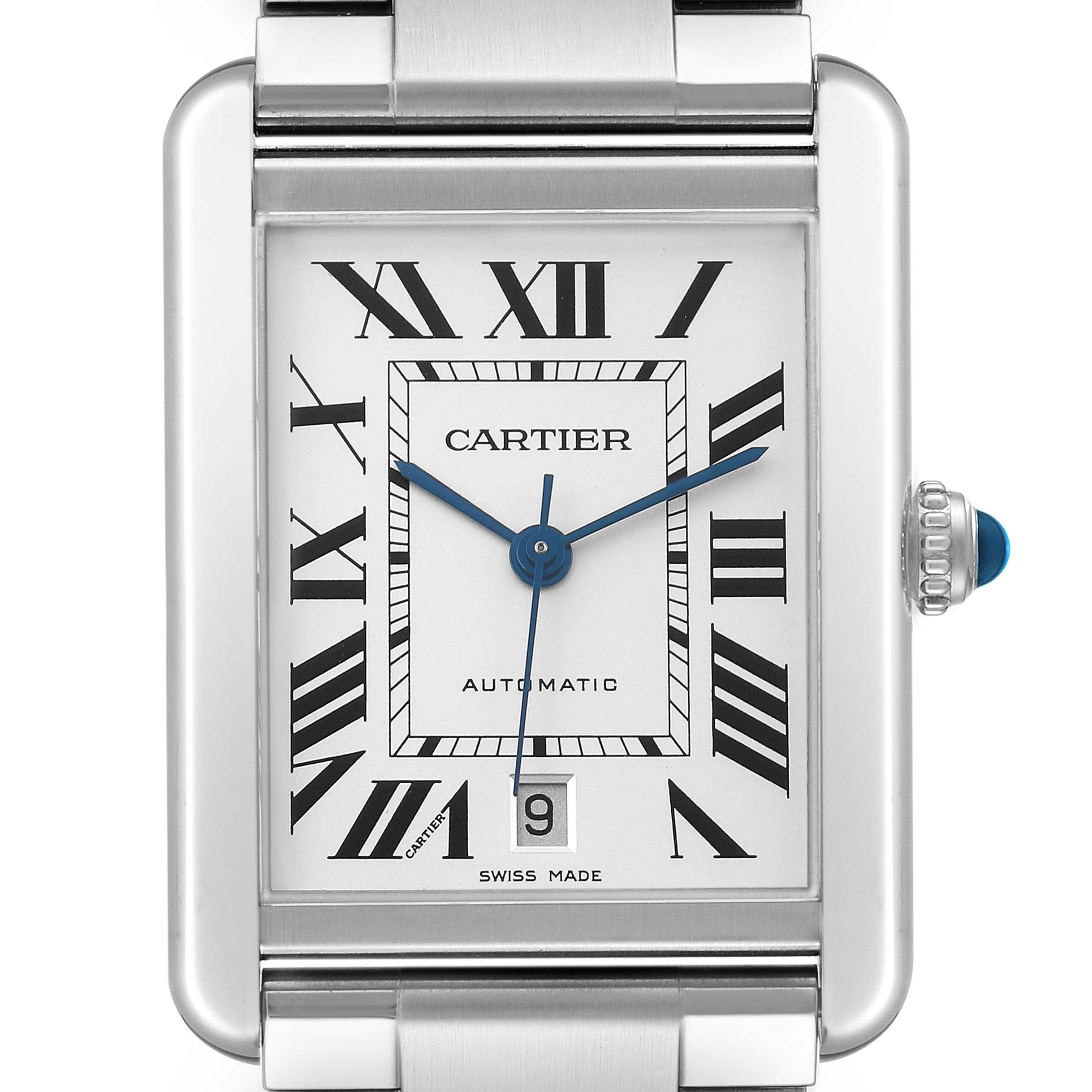 The Cartier Tank Solo W5200028 Men's Stainless Steel Silver Dial watch is shown from the front, displaying its rectangular face, Roman numerals, blue hands, and date window.