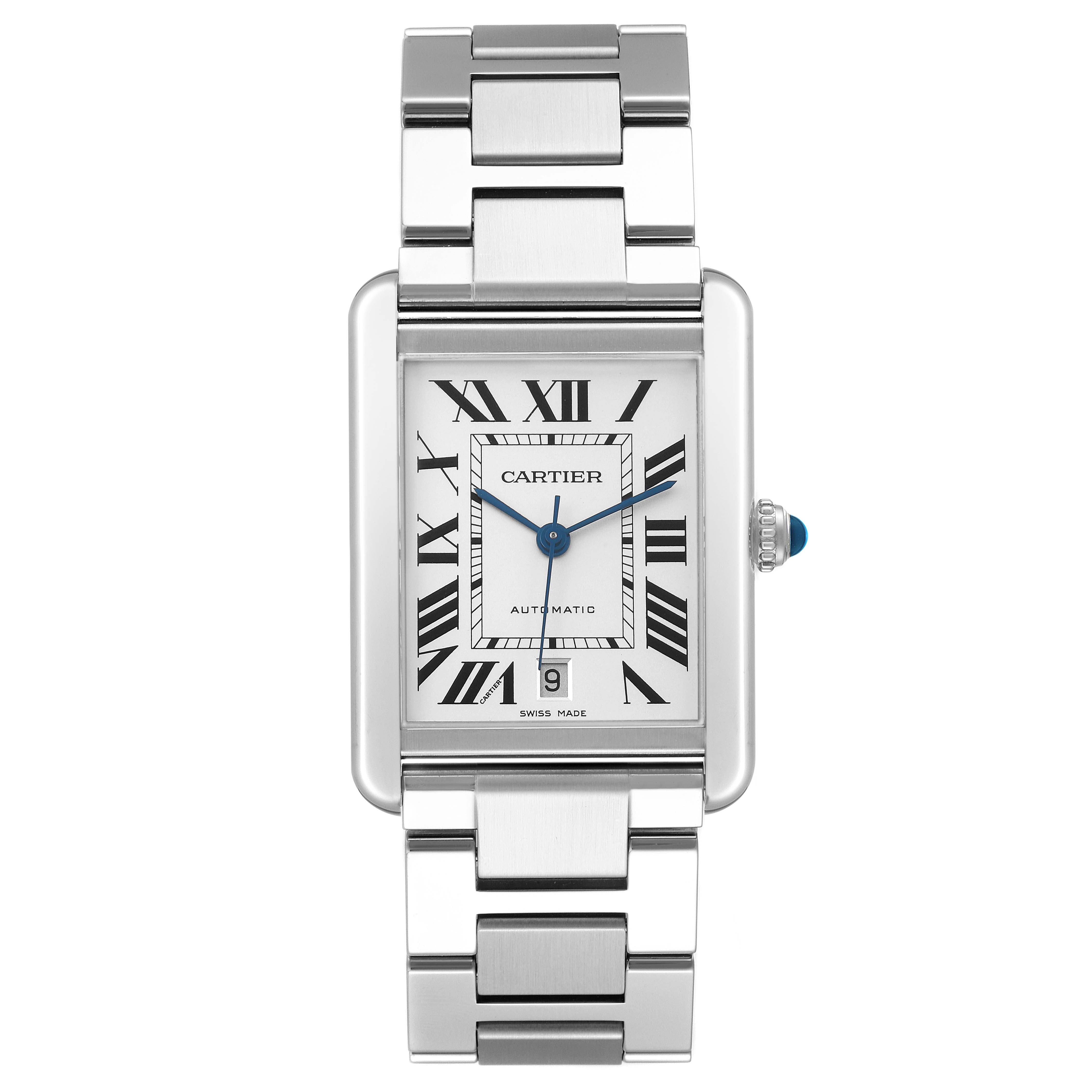 The Cartier Tank Solo W5200028 Men's Stainless Steel Silver Dial watch is shown from the front, displaying its rectangular face, Roman numerals, and stainless steel bracelet.