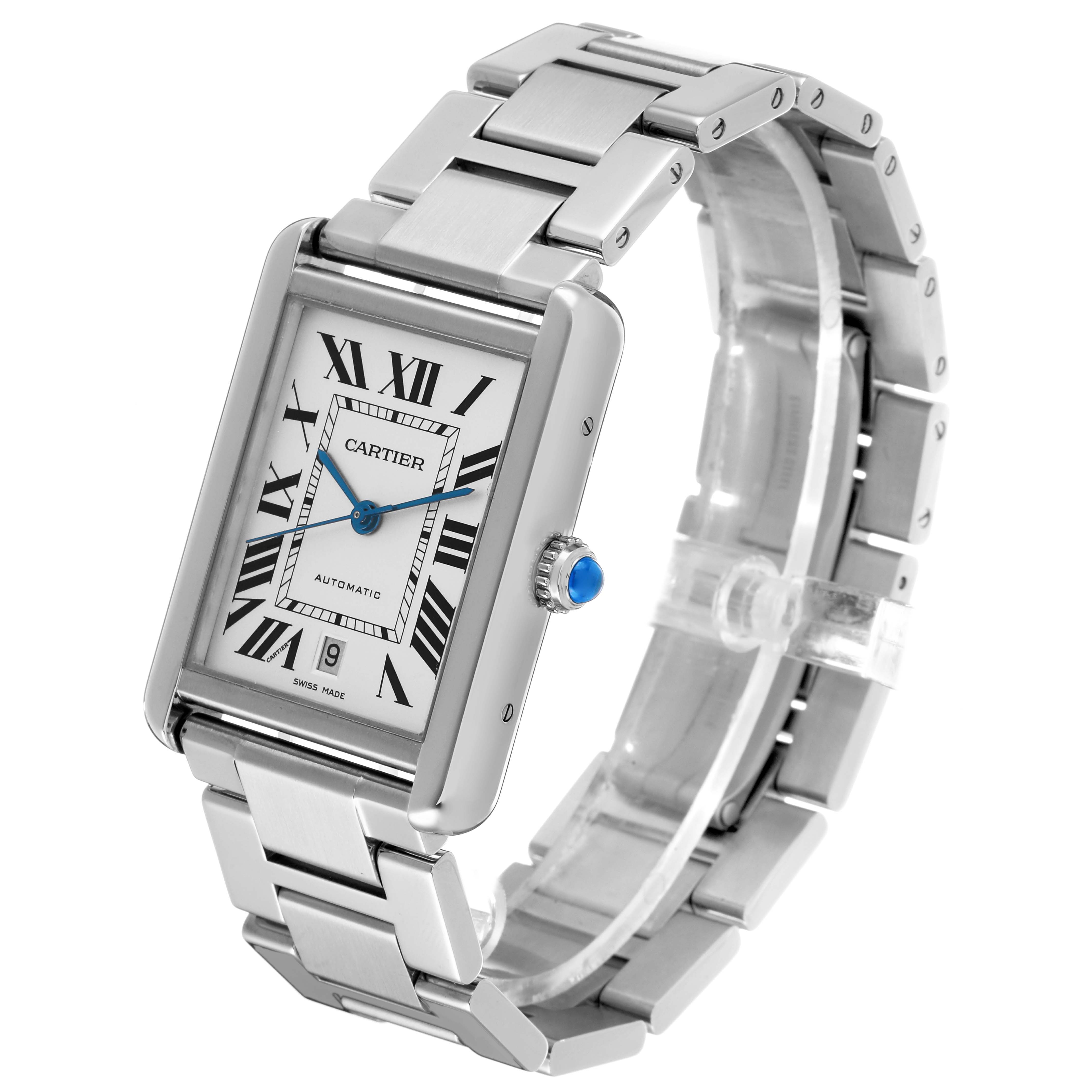 The Cartier Tank Solo W5200028 Men's Stainless Steel Silver Dial watch is shown from a three-quarter angle, showcasing its rectangular case, bracelet, and crown.