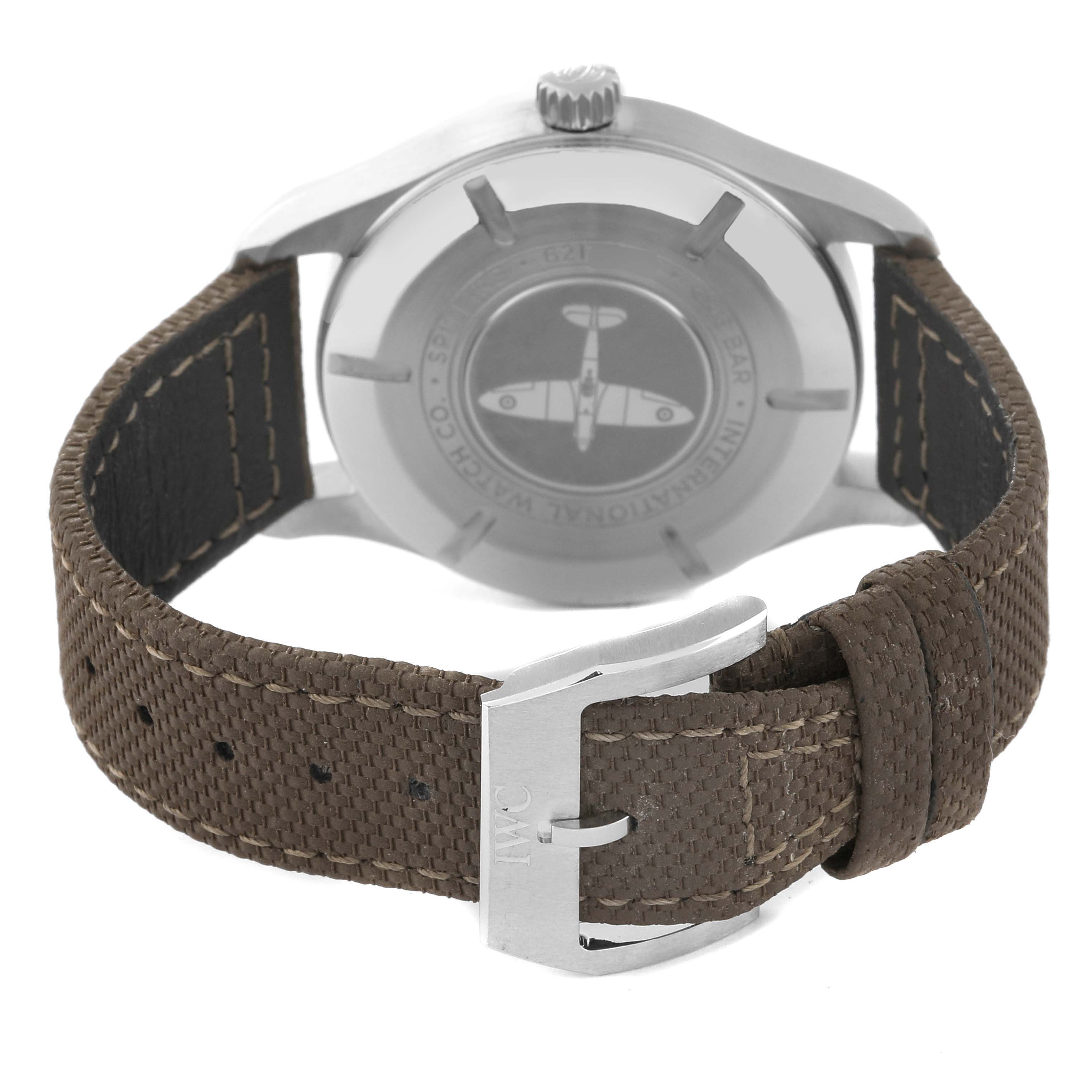 The image shows the IWC Pilot IW326801 Men's Stainless Steel Black Dial IW326801 Men's Stainless Steel Black Dial model watch from the rear angle, highlighting its case back, crown, and brown strap with buckle.