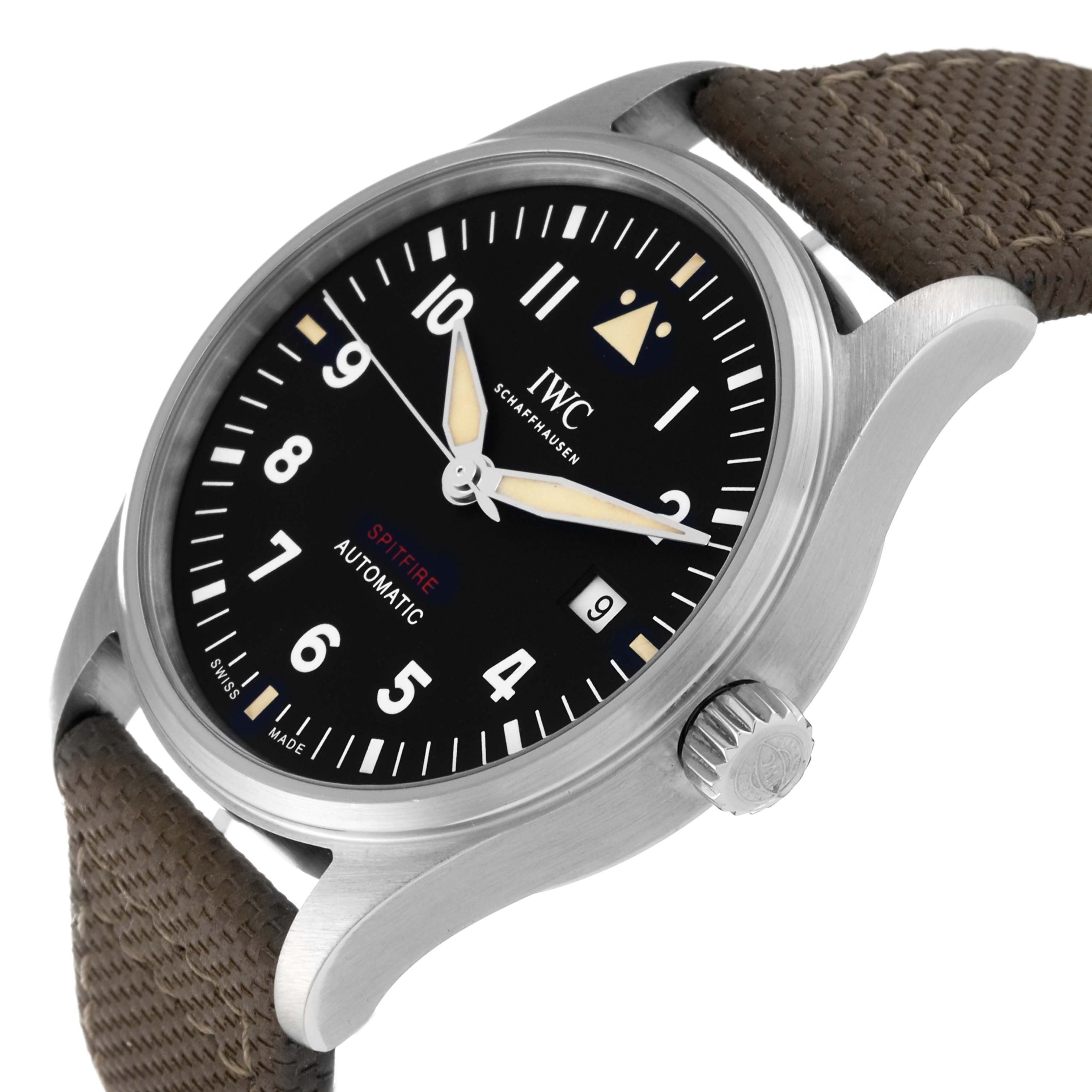 The image shows an angled view of the IWC Pilot IW326801 Men's Stainless Steel Black Dial IW326801 Men's Stainless Steel Black Dial Spitfire Automatic watch, depicting its dial, crown, and part of the strap.