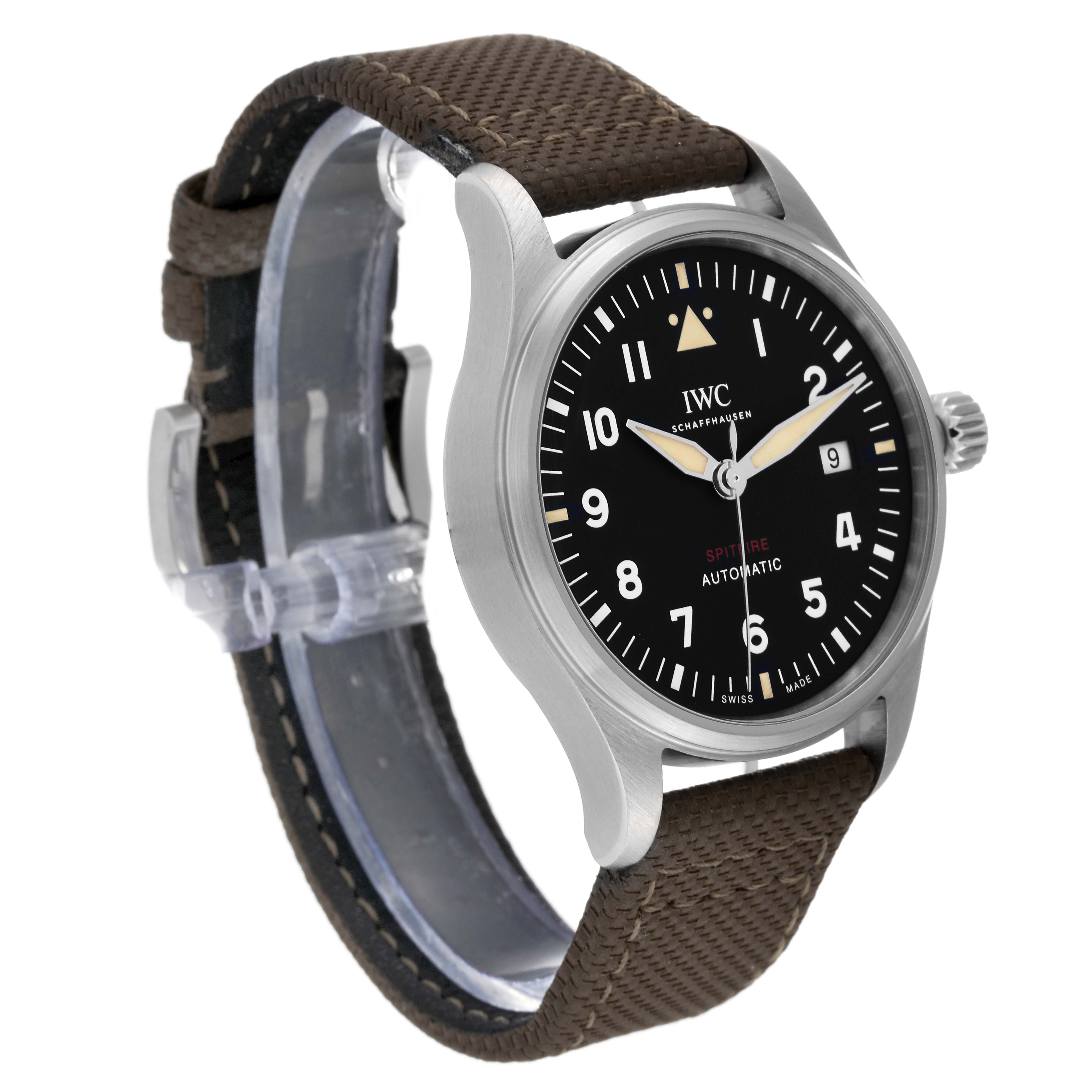 The IWC Pilot IW326801 Men's Stainless Steel Black Dial IW326801 Men's Stainless Steel Black Dial model watch is shown at a three-quarter angle, highlighting the black dial, silver bezel, and brown strap.