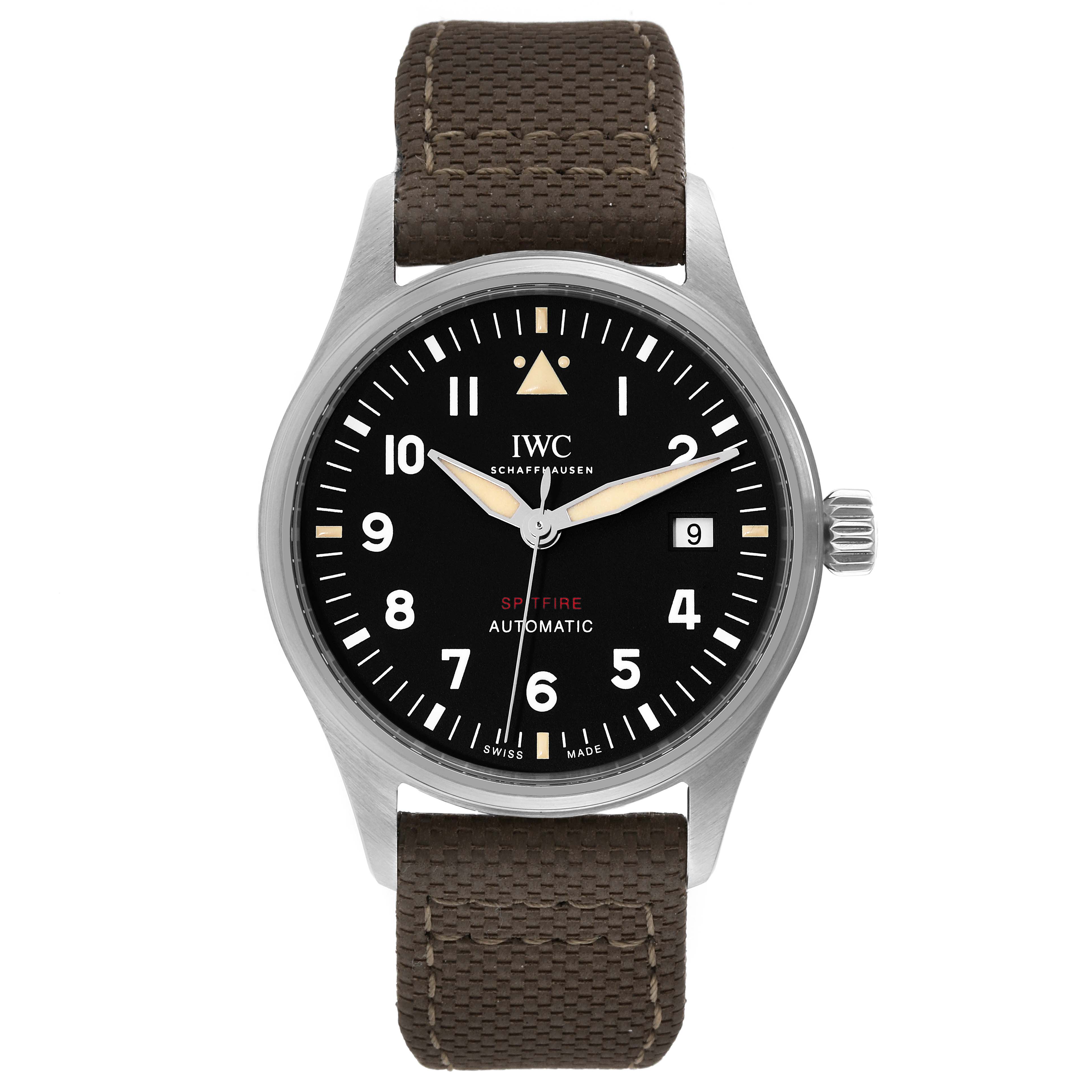 This is a front view of the IWC Pilot IW326801 Men's Stainless Steel Black Dial IW326801 Men's Stainless Steel Black Dial model watch, displaying the face, hands, numbers, and a portion of the strap.
