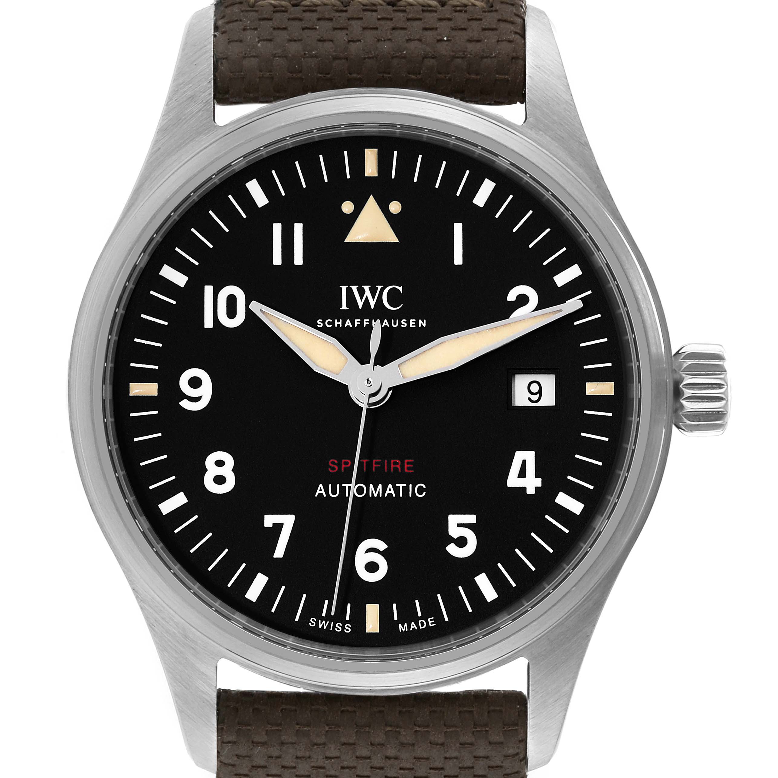 The image shows the front view of the IWC Pilot IW326801 Men's Stainless Steel Black Dial IW326801 Men's Stainless Steel Black Dial Spitfire Automatic watch, including its face, case, and part of the strap.