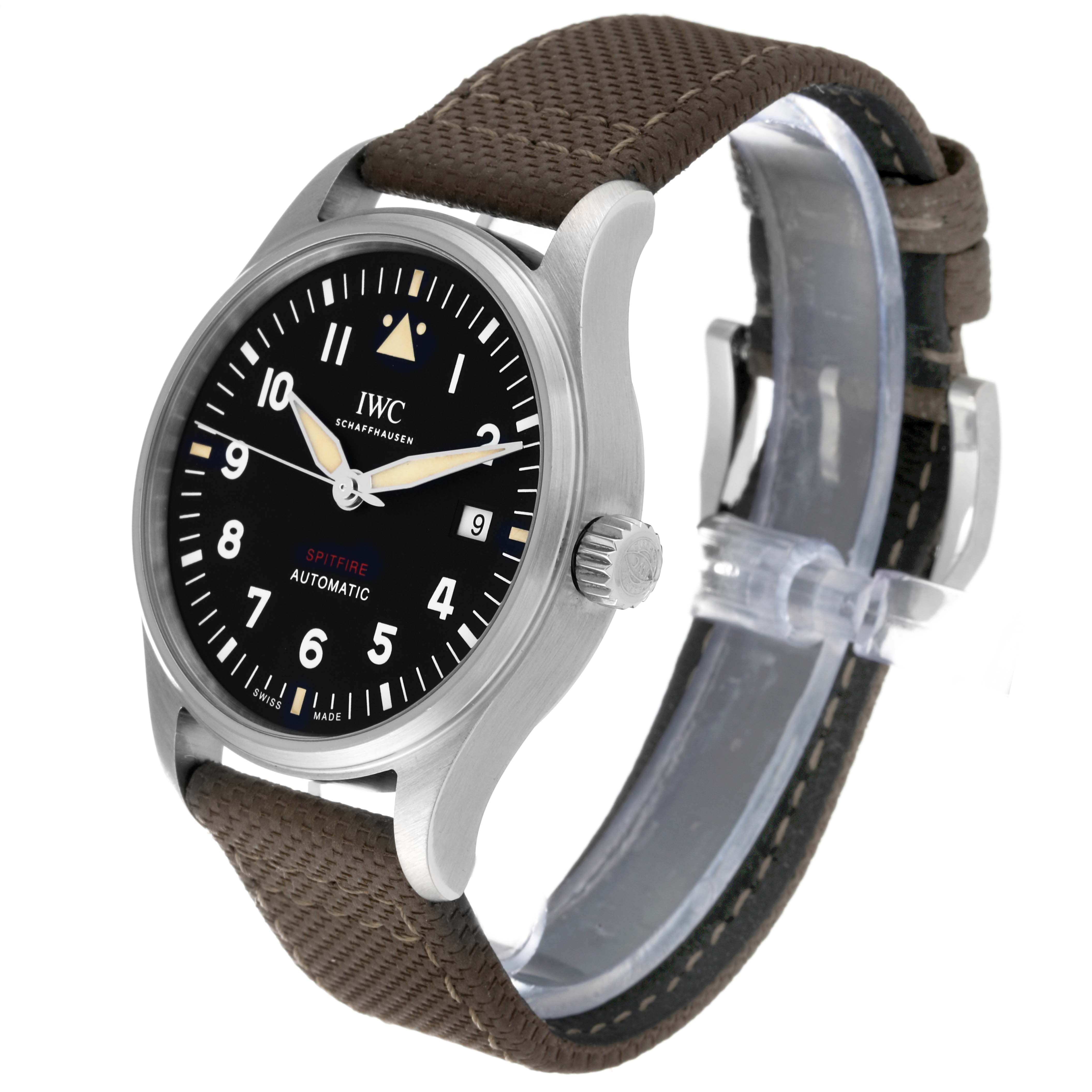 This photo shows an IWC Pilot IW326801 Men's Stainless Steel Black Dial IW326801 Men's Stainless Steel Black Dial Spitfire Automatic watch at a three-quarter angle, highlighting the face, crown, and strap.