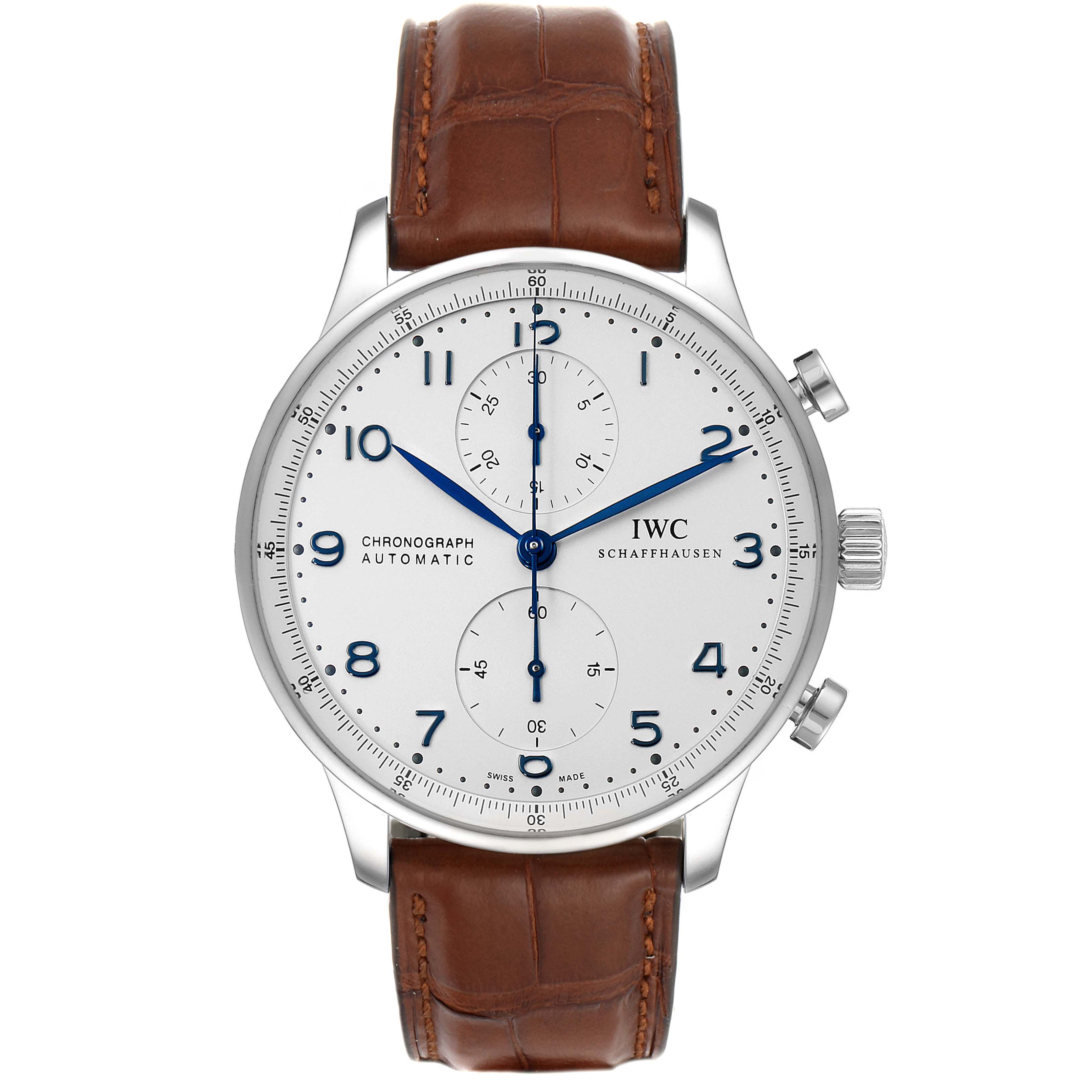 The image shows a frontal view of an IWC Portuguese IW371417 Men's Stainless Steel Silver Dial IW371417 Men's Stainless Steel Silver Dial model watch with a brown leather strap and a white dial with blue hands.