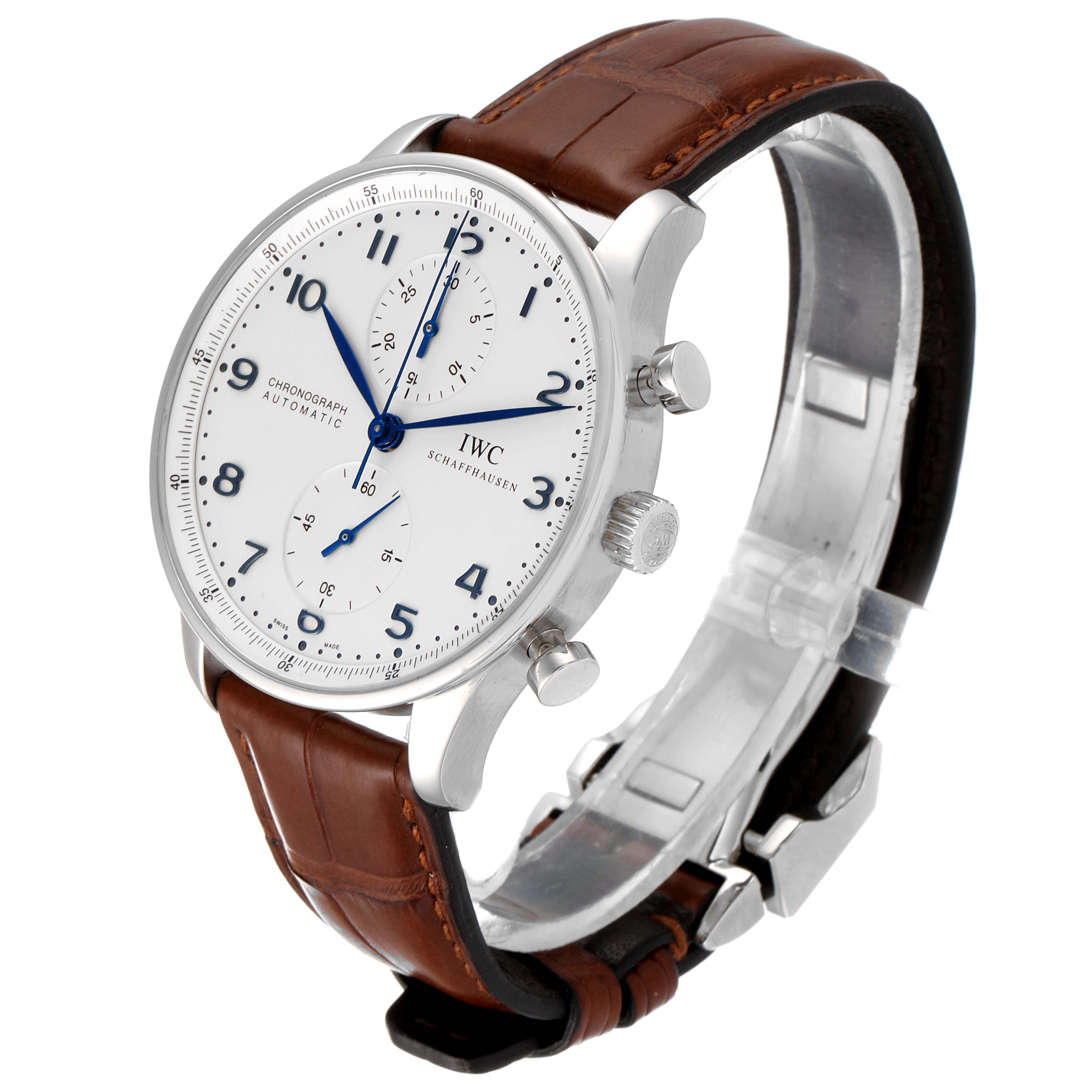 The IWC Portuguese IW371417 Men's Stainless Steel Silver Dial IW371417 Men's Stainless Steel Silver Dial model watch is shown at a three-quarter angle, displaying the face, crown, and brown leather strap.
