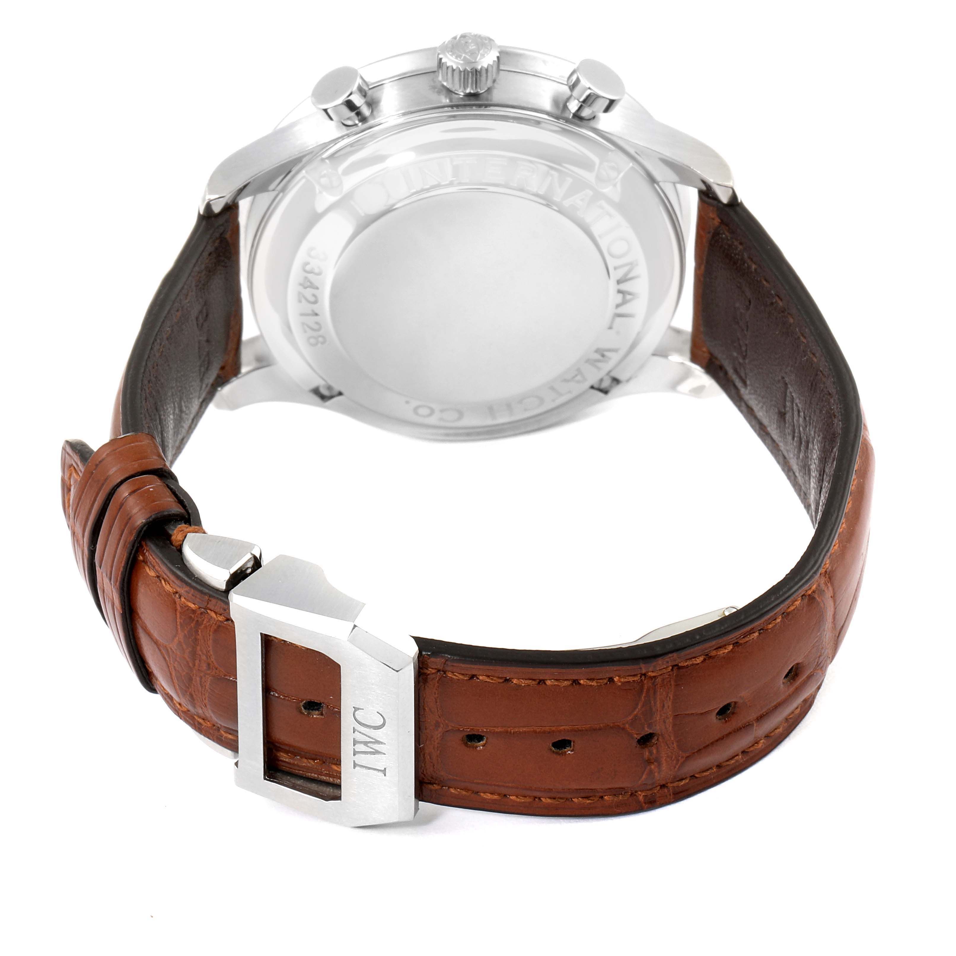 The image shows the back case and brown leather strap of an IWC Portuguese IW371417 Men's Stainless Steel Silver Dial IW371417 Men's Stainless Steel Silver Dial model watch.