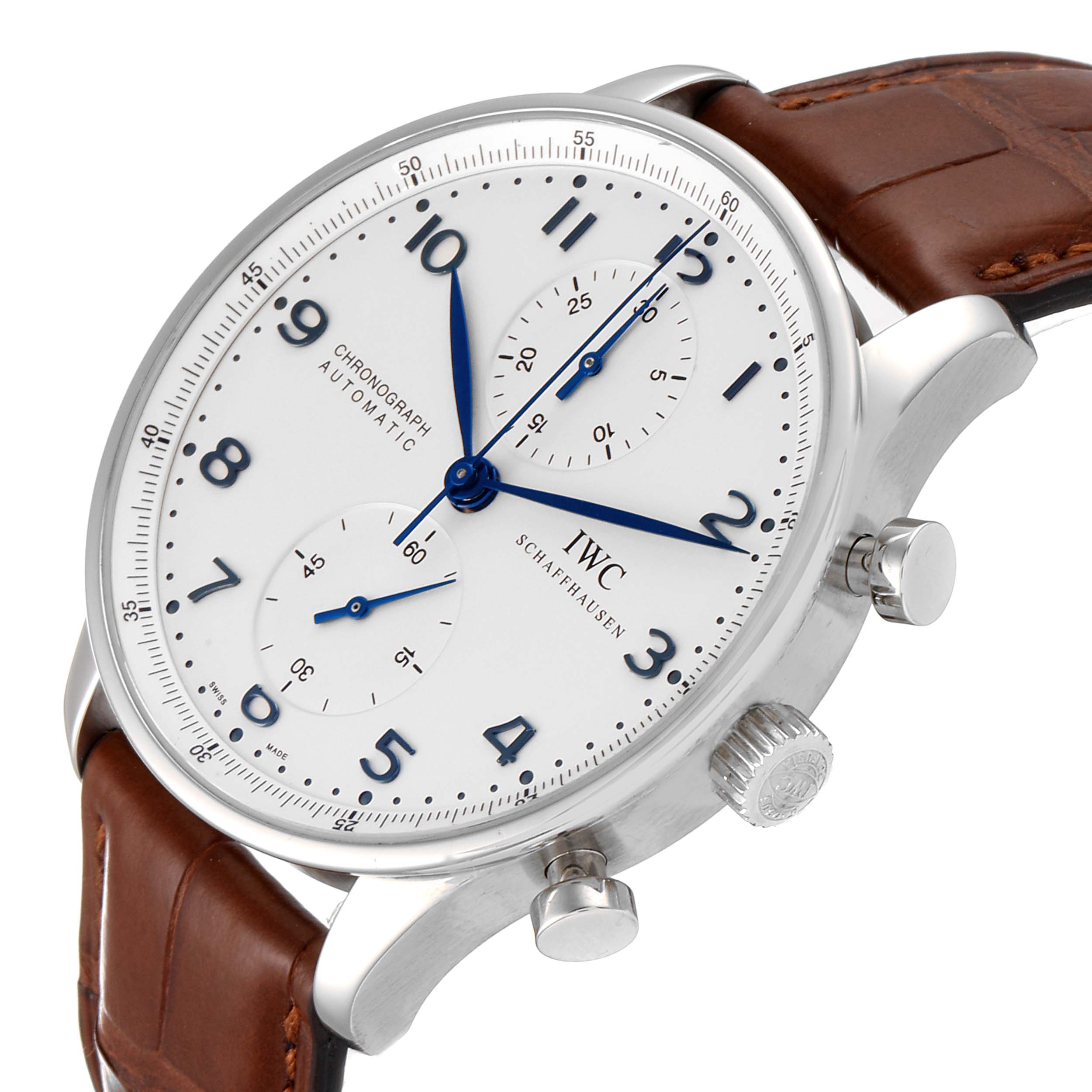 The image shows an IWC Portuguese IW371417 Men's Stainless Steel Silver Dial IW371417 Men's Stainless Steel Silver Dial model watch at a slight angle, displaying its face, crown, pushers, and brown leather strap.