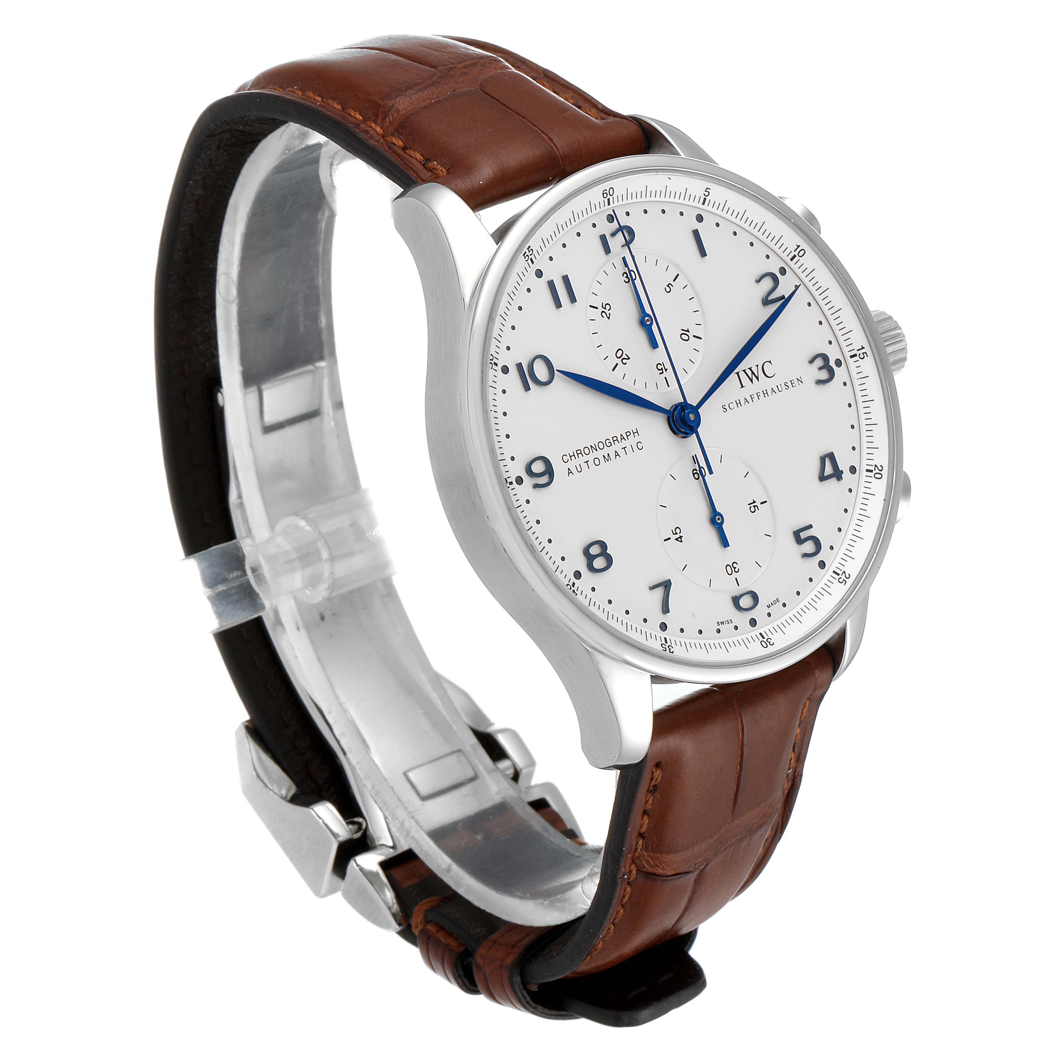This image shows a side angle of an IWC Portuguese IW371417 Men's Stainless Steel Silver Dial IW371417 Men's Stainless Steel Silver Dial model watch, highlighting its white dial, chronograph functions, and brown leather strap.