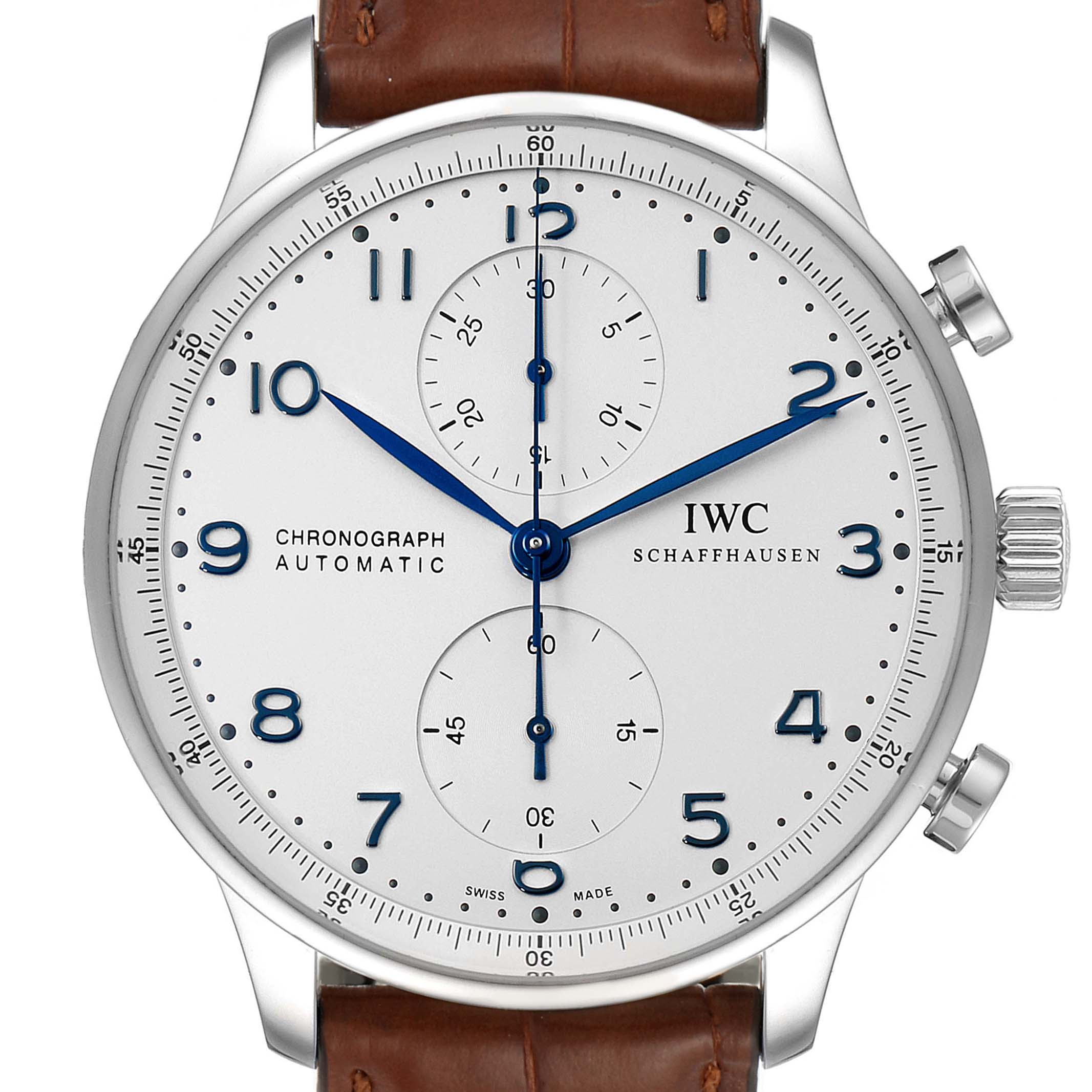 The image shows the dial and partial strap of the IWC Portuguese IW371417 Men's Stainless Steel Silver Dial IW371417 Men's Stainless Steel Silver Dial Chronograph model from a front-facing angle.
