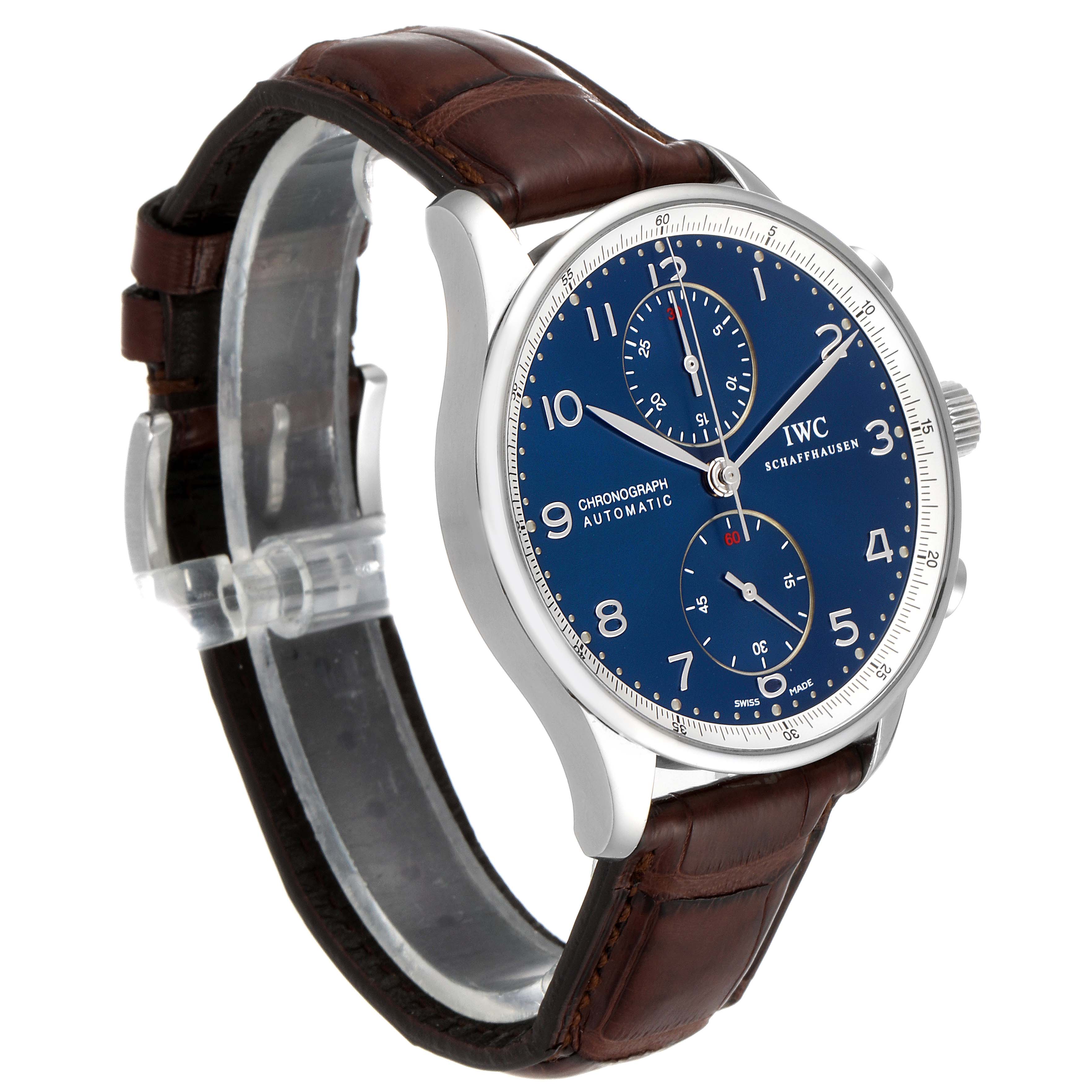 The IWC Portuguese IW371432 Men's Stainless Steel Blue Dial IW371432 Men's Stainless Steel Blue Dial watch is shown at an angled side view, displaying its blue dial and brown leather strap.