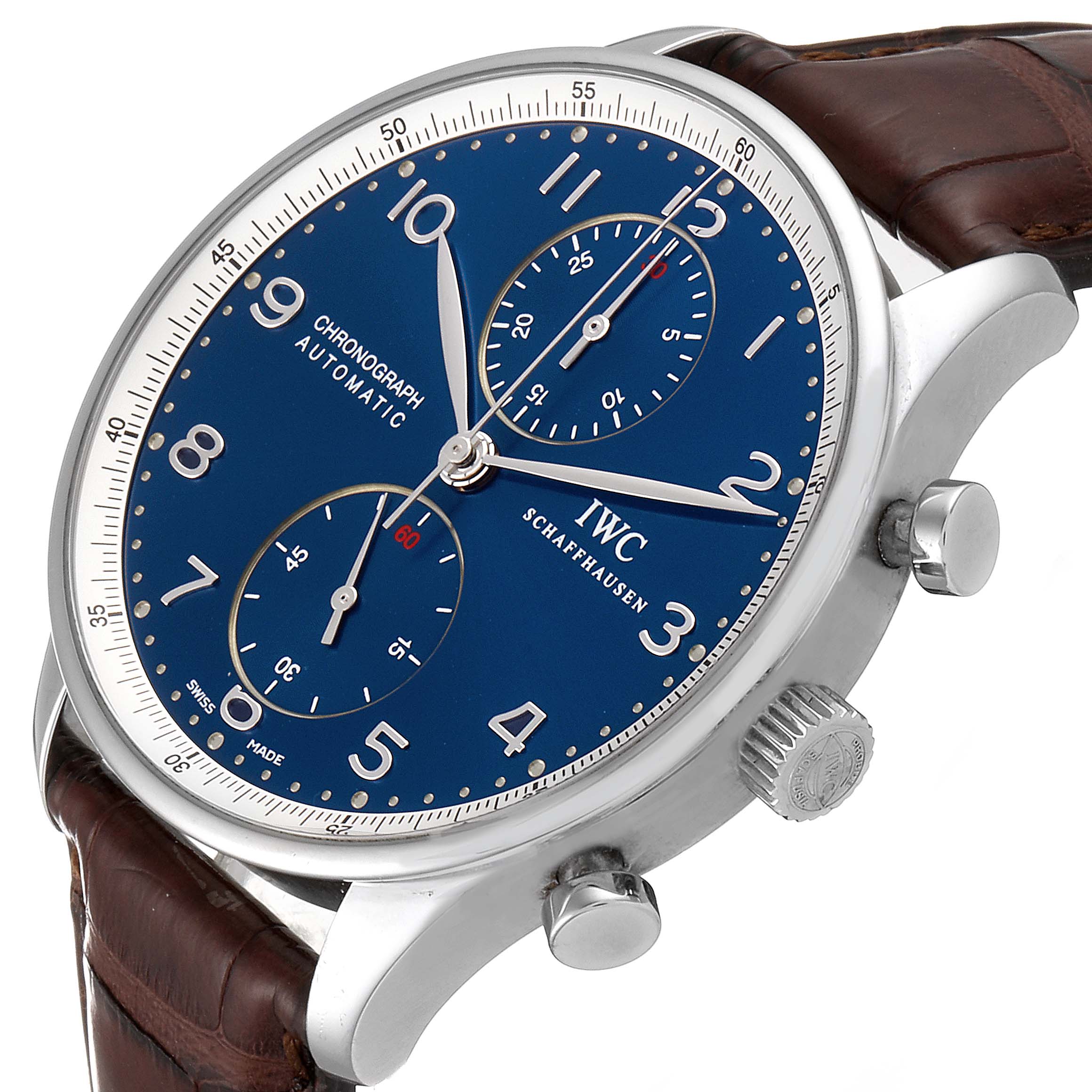The image shows a close-up side angle of the IWC Portuguese IW371432 Men's Stainless Steel Blue Dial IW371432 Men's Stainless Steel Blue Dial Chronograph watch, showcasing the face, crown, and pushers.