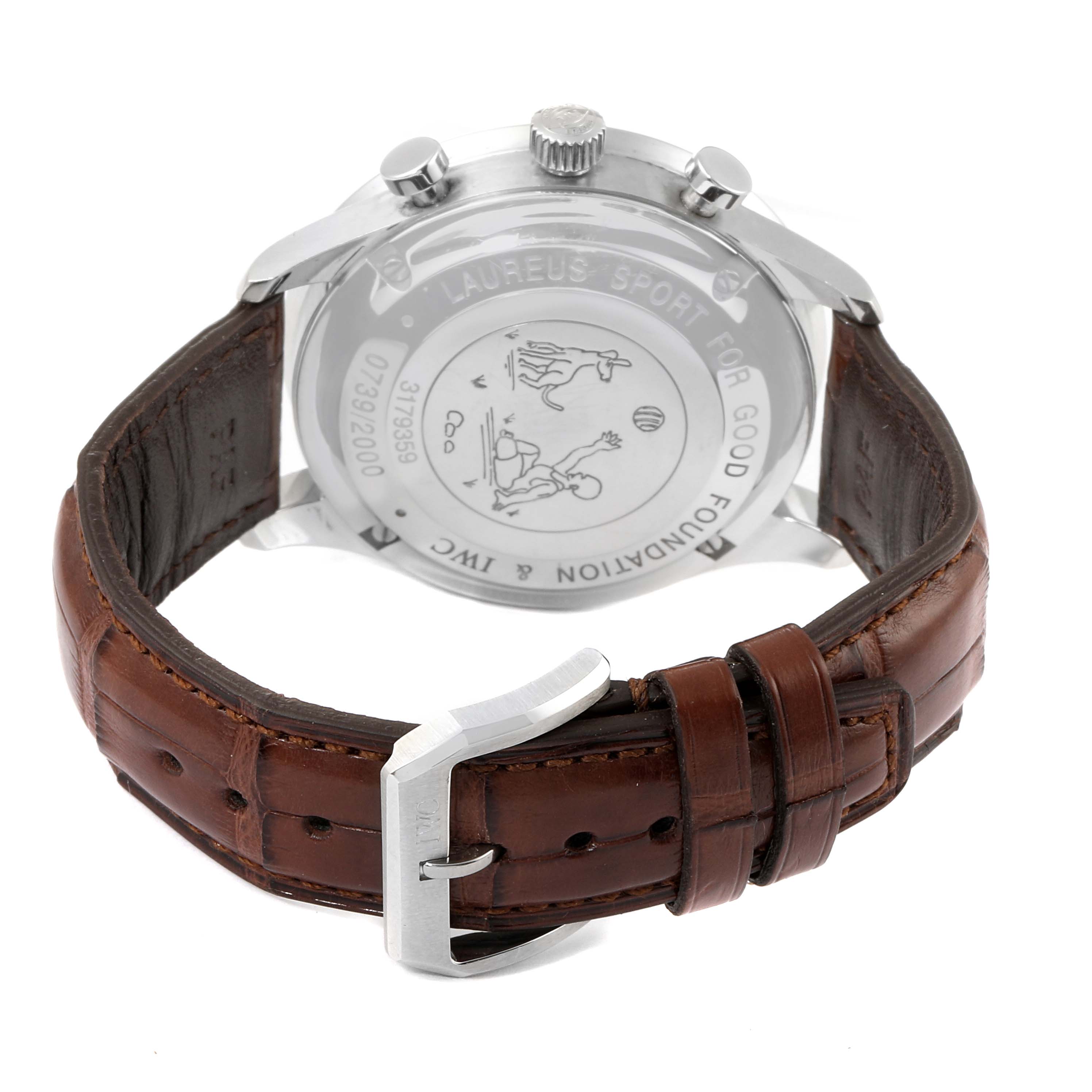 This image shows the back view of an IWC Portuguese IW371432 Men's Stainless Steel Blue Dial IW371432 Men's Stainless Steel Blue Dial watch with a brown leather strap and engraved case back.