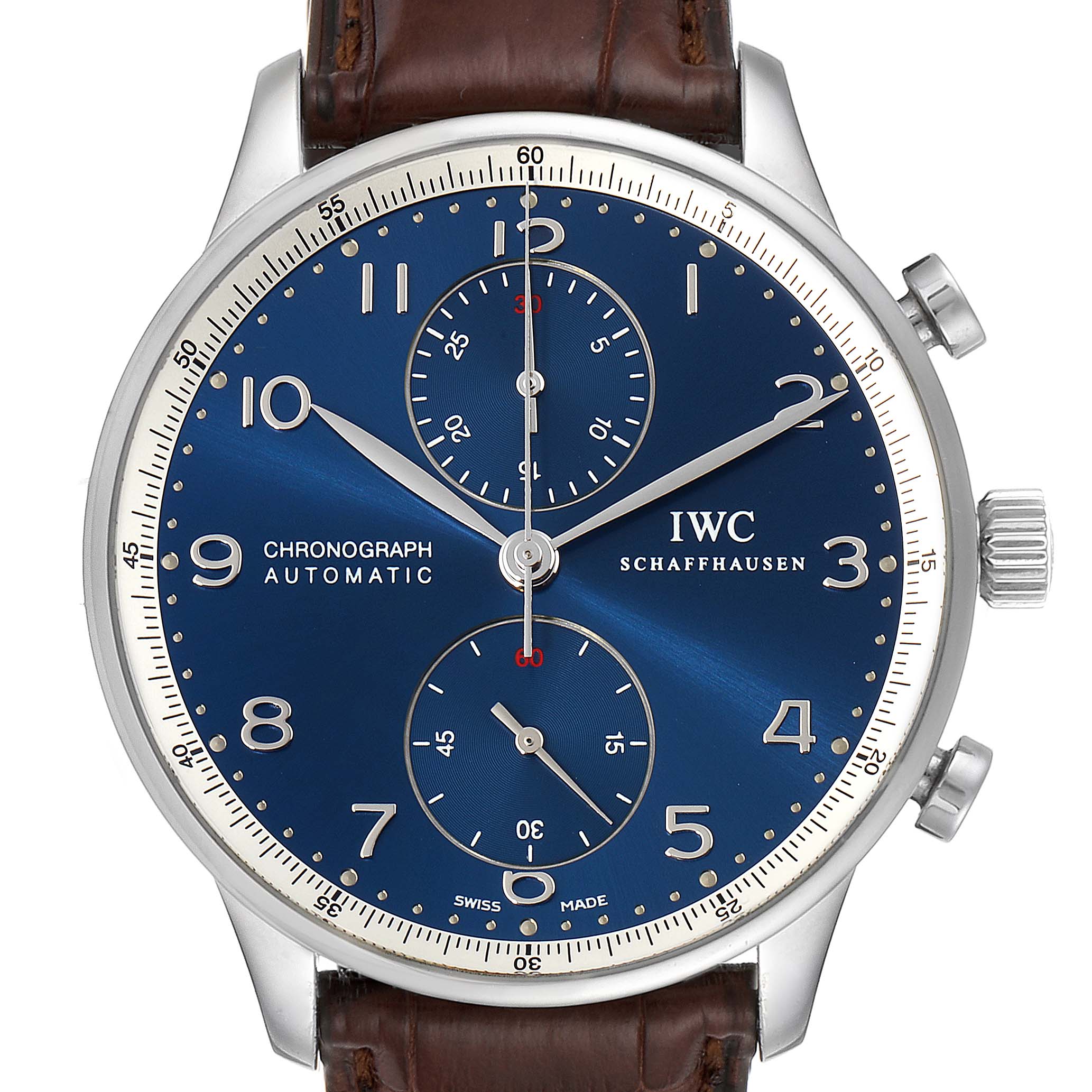The image shows a front view of the IWC Portuguese IW371432 Men's Stainless Steel Blue Dial IW371432 Men's Stainless Steel Blue Dial Chronograph, displaying its blue dial and brown strap.
