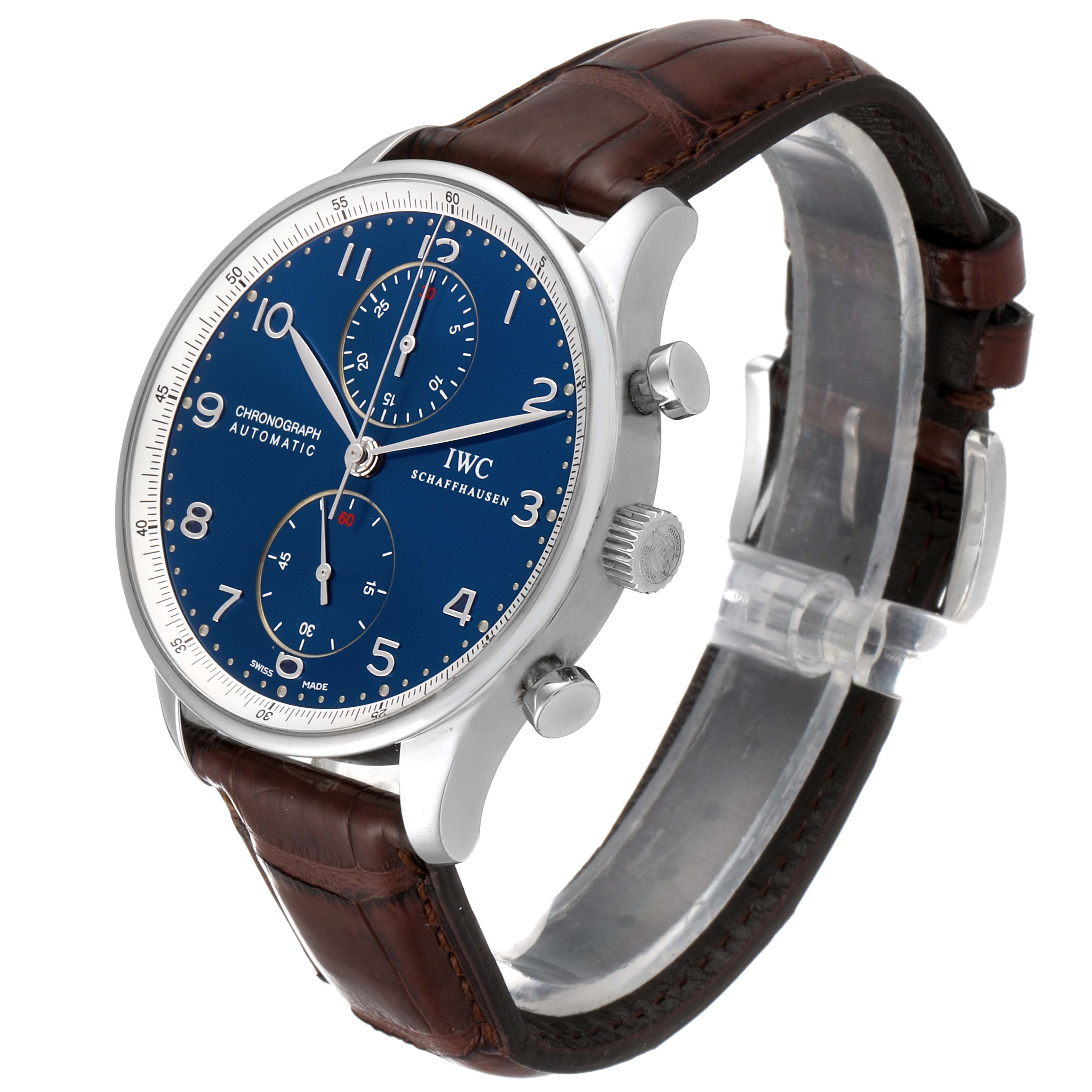 The IWC Portuguese IW371432 Men's Stainless Steel Blue Dial IW371432 Men's Stainless Steel Blue Dial watch is shown at an angled front view, highlighting its blue dial, brown leather strap, and side buttons.