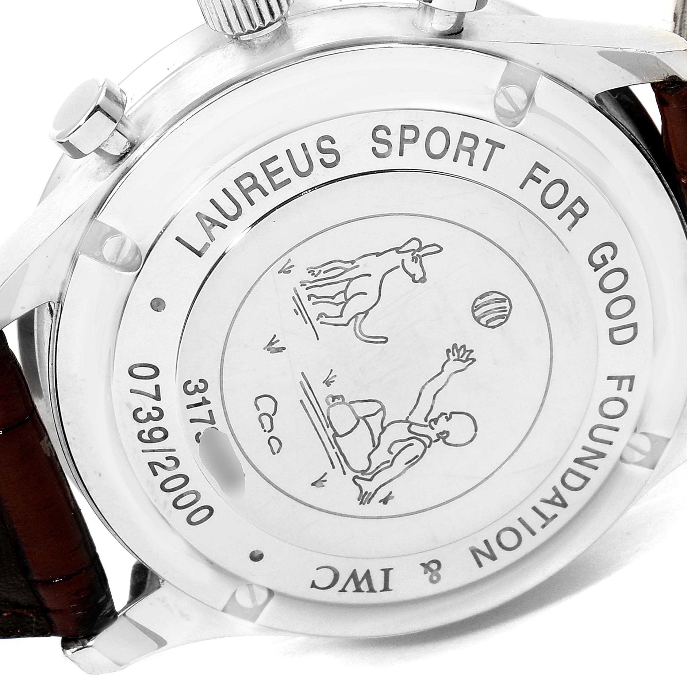 The image shows the back of the IWC Portuguese IW371432 Men's Stainless Steel Blue Dial IW371432 Men's Stainless Steel Blue Dial watch, featuring an engraving and a leather strap.