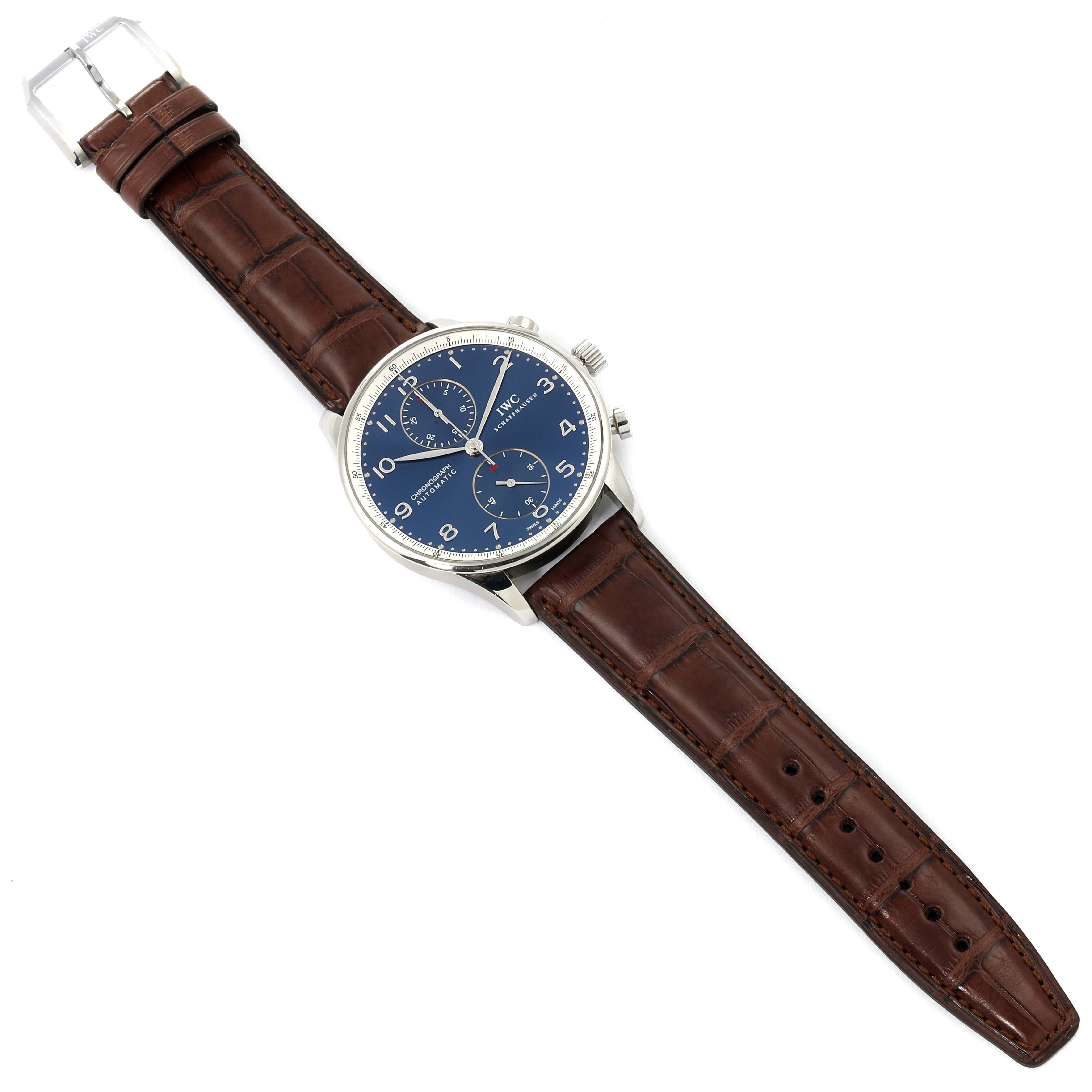 The IWC Portuguese IW371432 Men's Stainless Steel Blue Dial IW371432 Men's Stainless Steel Blue Dial watch is displayed flat, showing the entire face and brown leather strap.