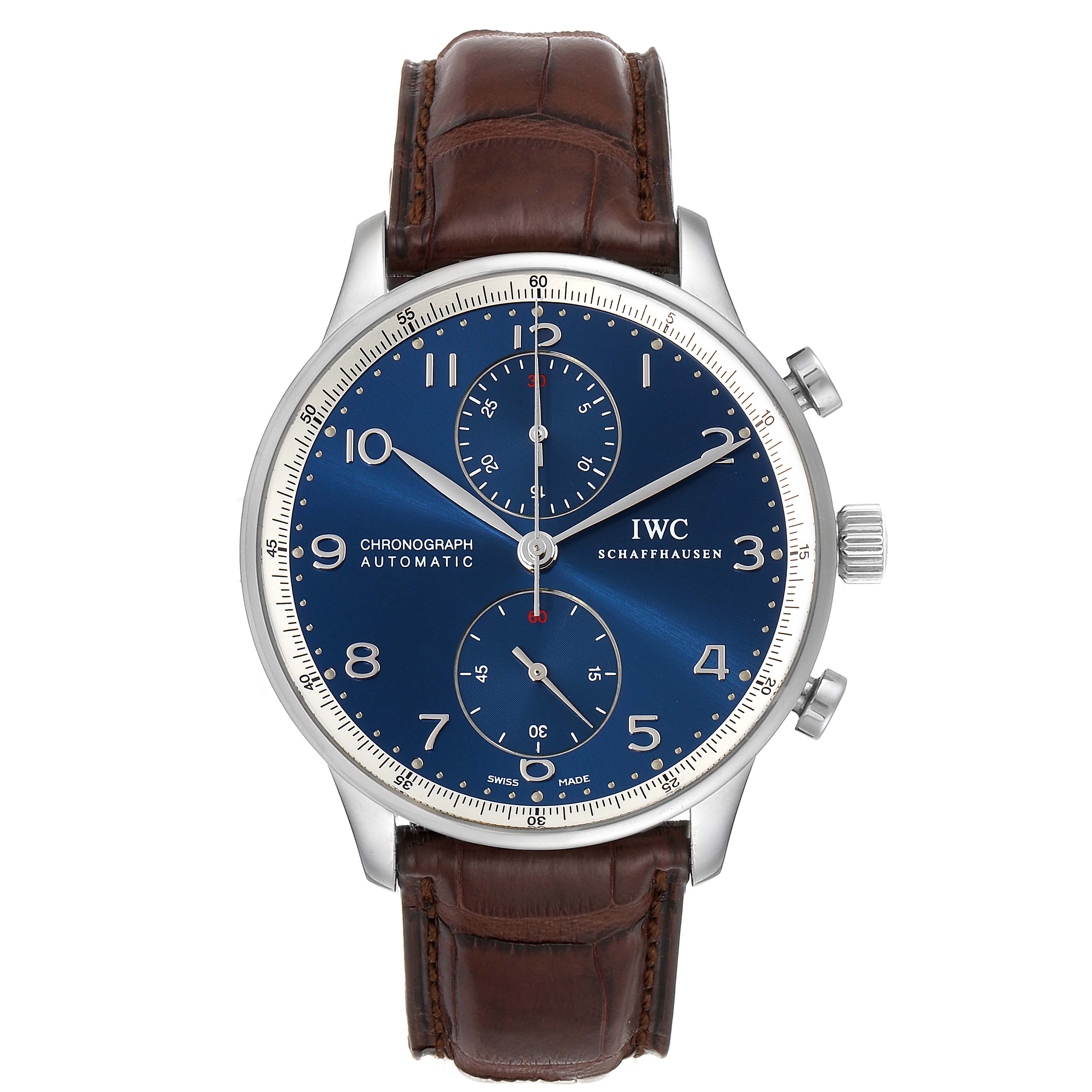 This image shows a front view of the IWC Portuguese IW371432 Men's Stainless Steel Blue Dial IW371432 Men's Stainless Steel Blue Dial chronograph watch, featuring a blue dial, subdials, and a brown leather strap.