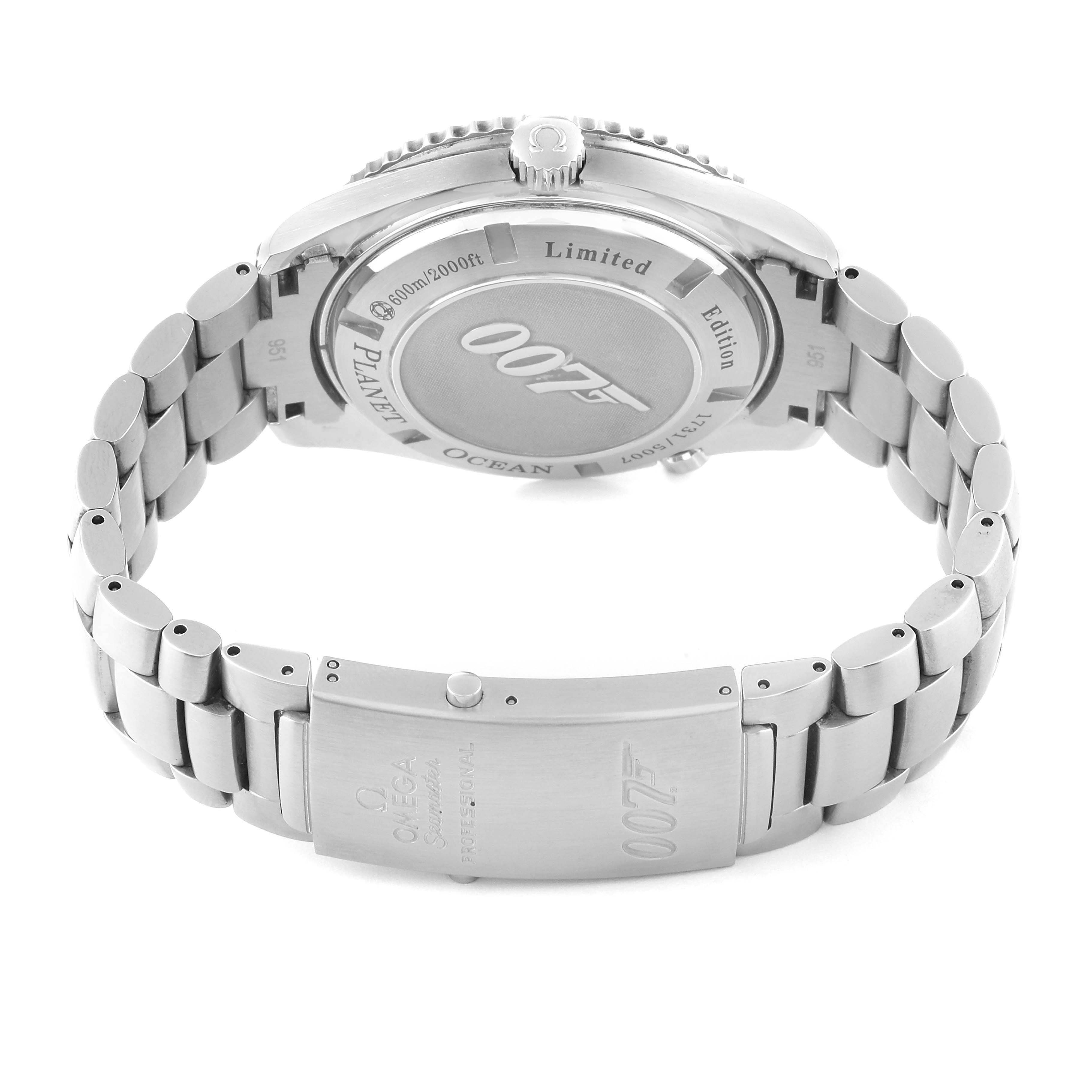 The image shows the back view of the Omega Planet Ocean 222.30.46.20.01.001 Men's Stainless Steel Black Dial 222.30.46.20.01.001 Men's Stainless Steel Black Dial watch, highlighting its case back and metal bracelet clasp.