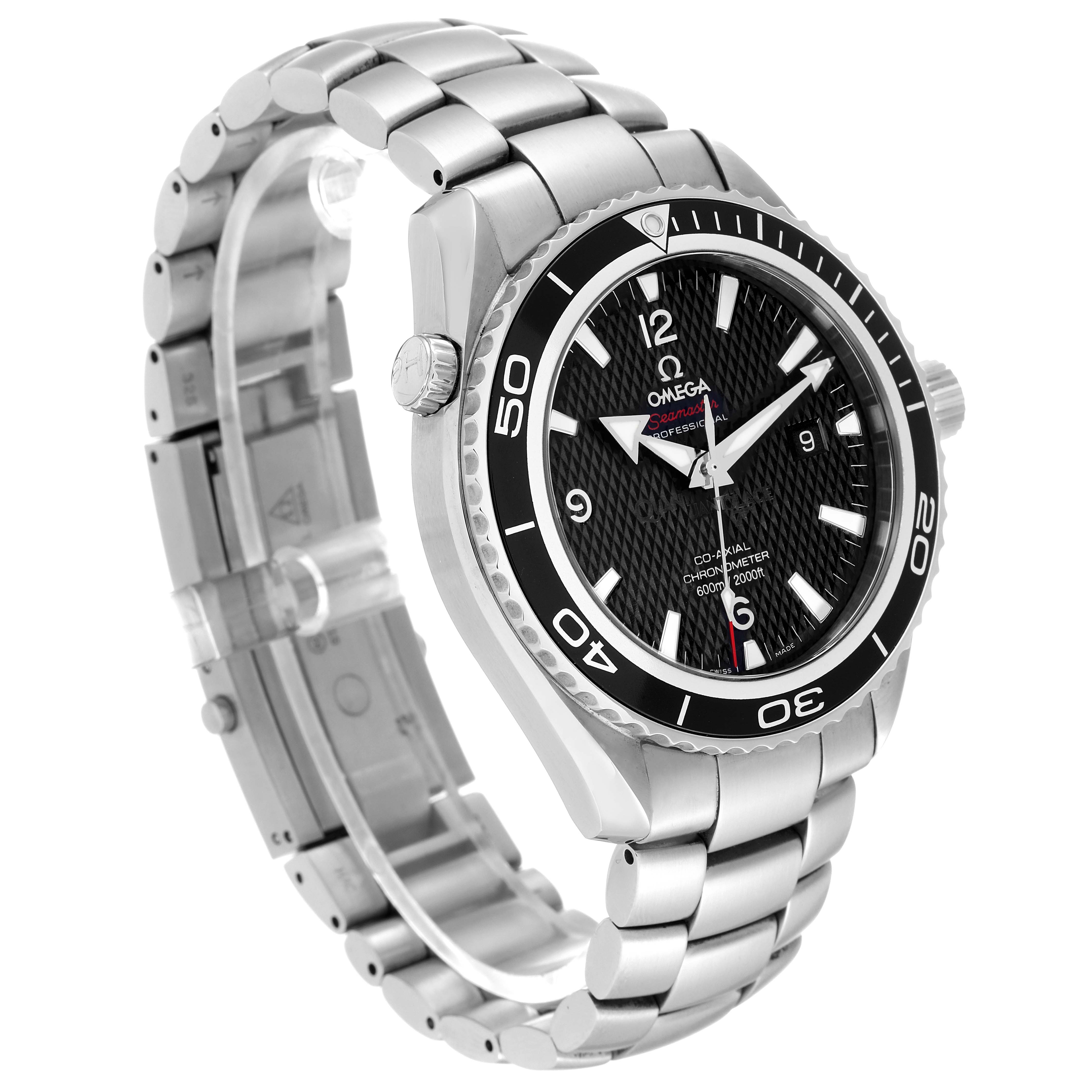 The image shows an Omega Planet Ocean 222.30.46.20.01.001 Men's Stainless Steel Black Dial 222.30.46.20.01.001 Men's Stainless Steel Black Dial watch at an angle highlighting the face, bezel, bracelet, and crown.