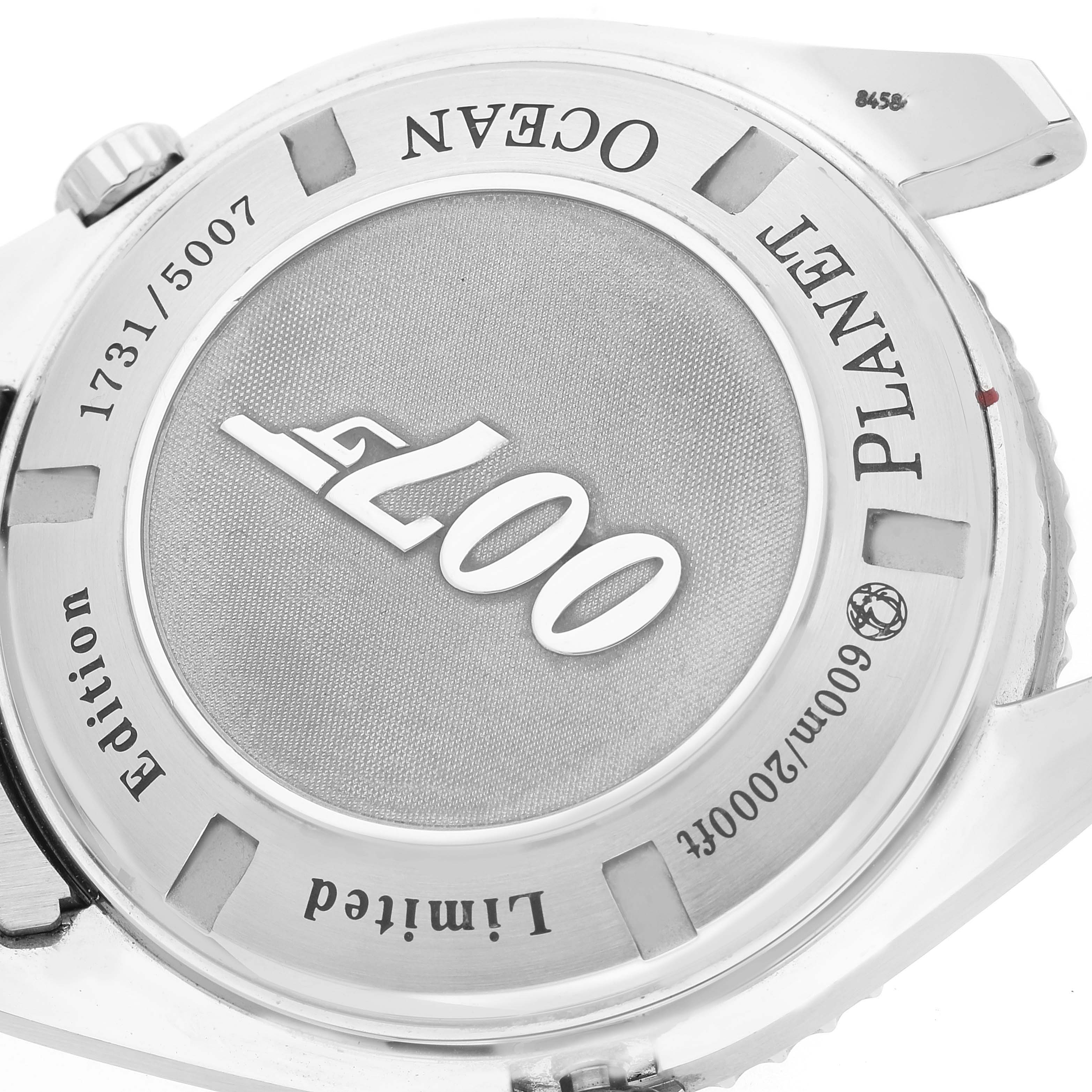 The image shows the back case of an Omega Planet Ocean 222.30.46.20.01.001 Men's Stainless Steel Black Dial 222.30.46.20.01.001 Men's Stainless Steel Black Dial watch, featuring "007," "Limited Edition," and "Planet Ocean" engravings.