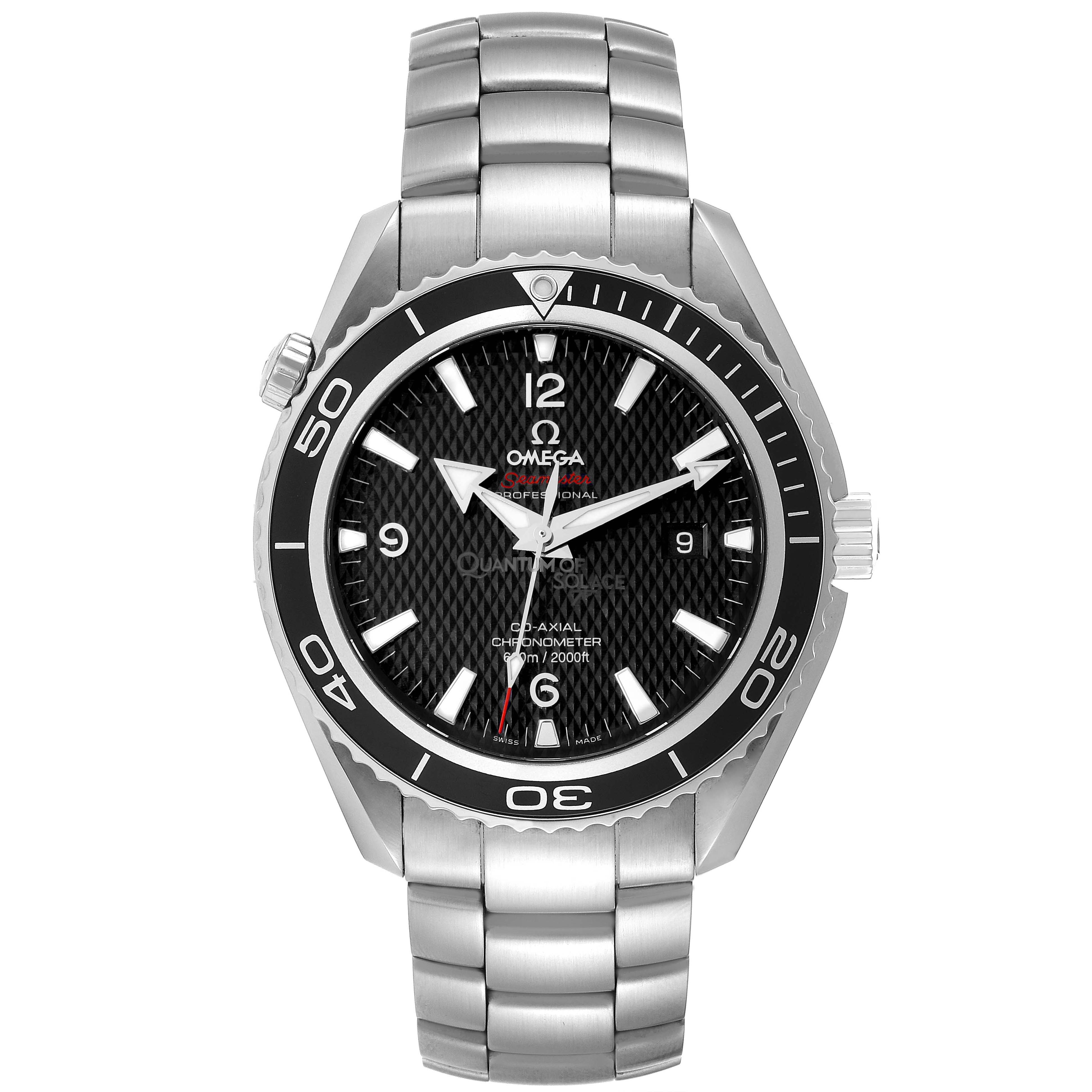 The image shows a front view of the Omega Planet Ocean 222.30.46.20.01.001 Men's Stainless Steel Black Dial 222.30.46.20.01.001 Men's Stainless Steel Black Dial watch, highlighting its dial, bezel, and stainless steel bracelet.